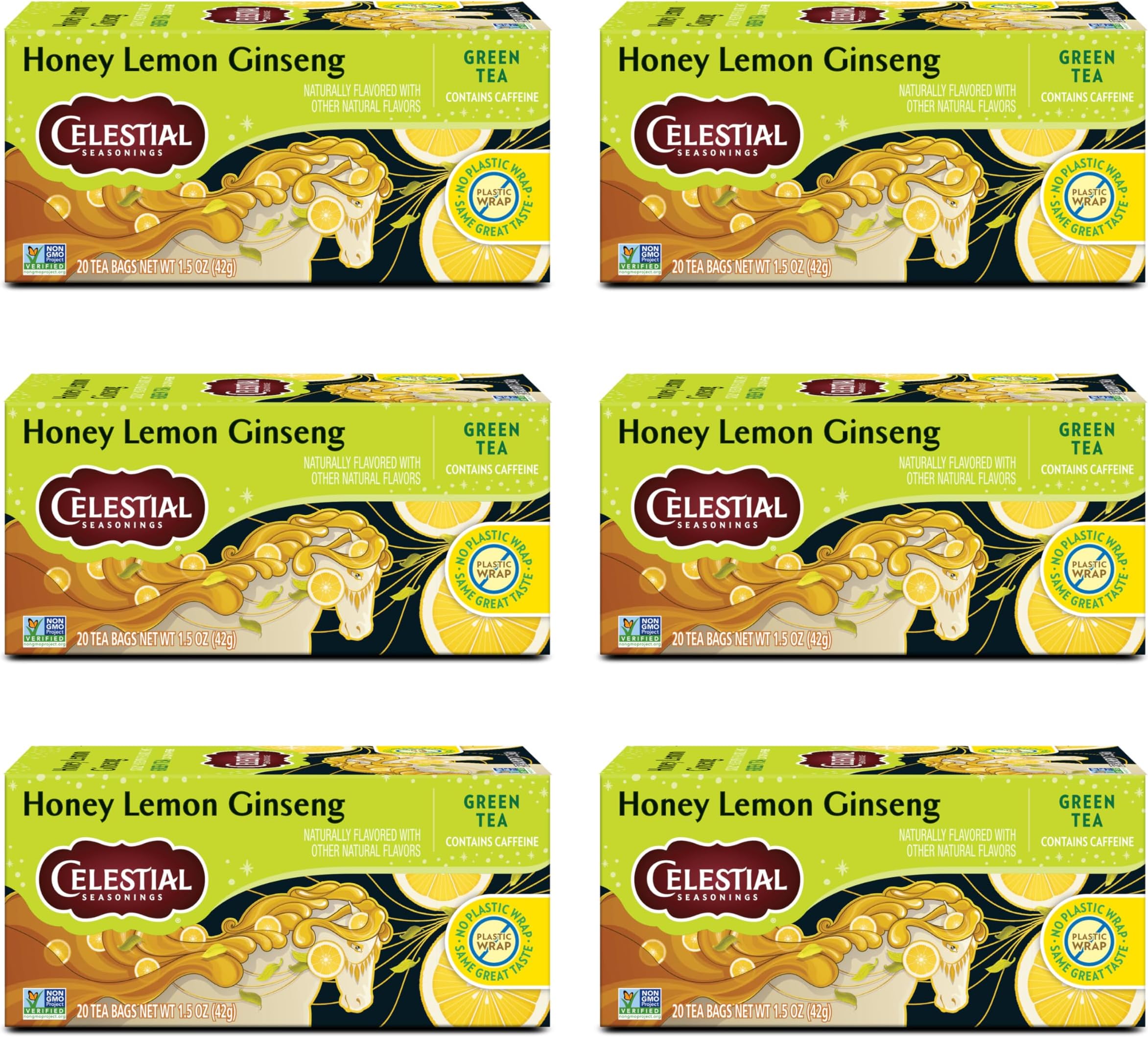 Celestial Seasonings Green Tea, Honey Lemon Ginseng, 20 Count (Pack of 6)
