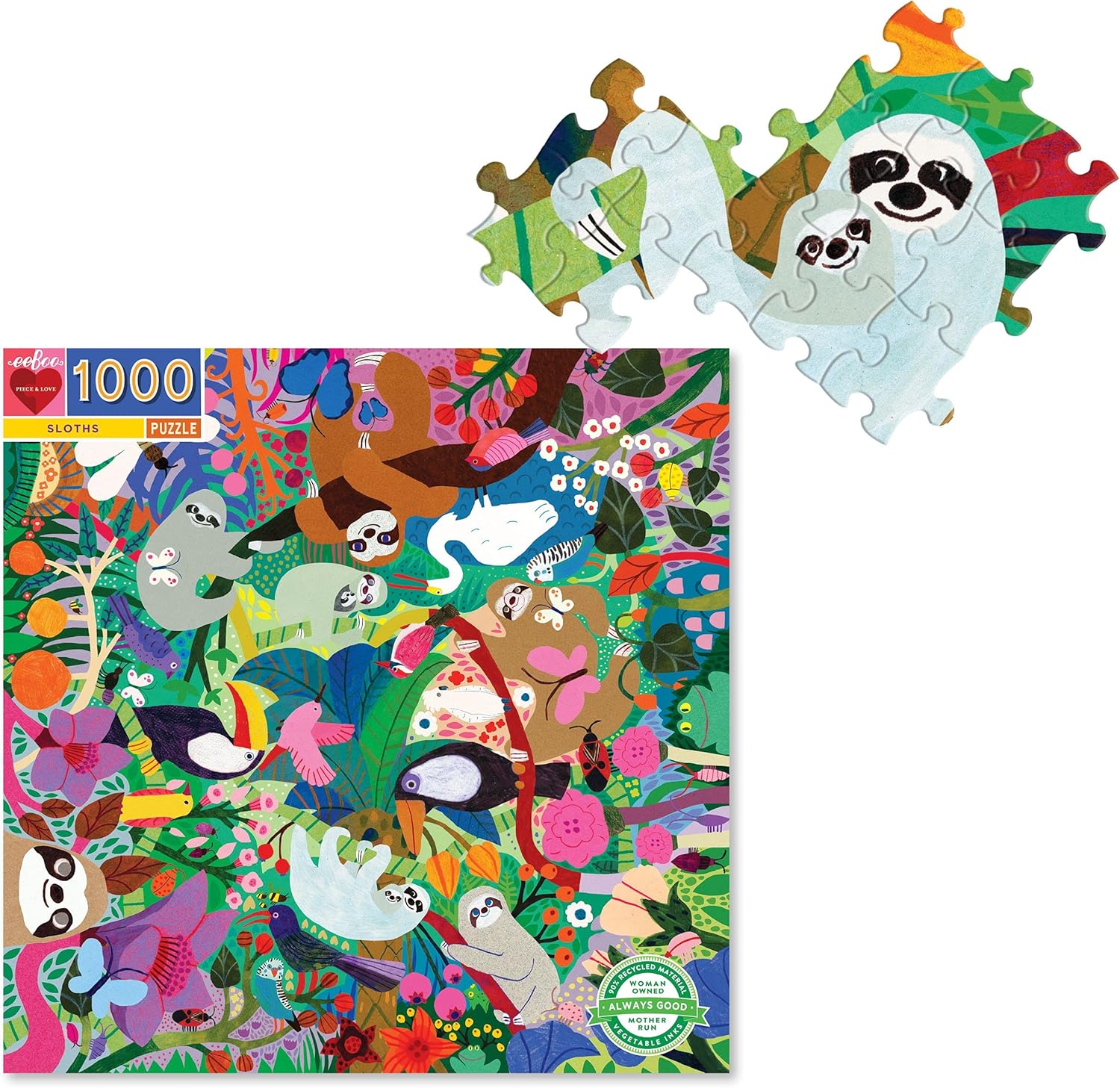 eeBoo: Piece and Love Sloths 1000 Piece Square Adult Jigsaw Puzzle, Puzzle for Adults and Families, Glossy, Sturdy Pieces and Minimal Puzzle Dust