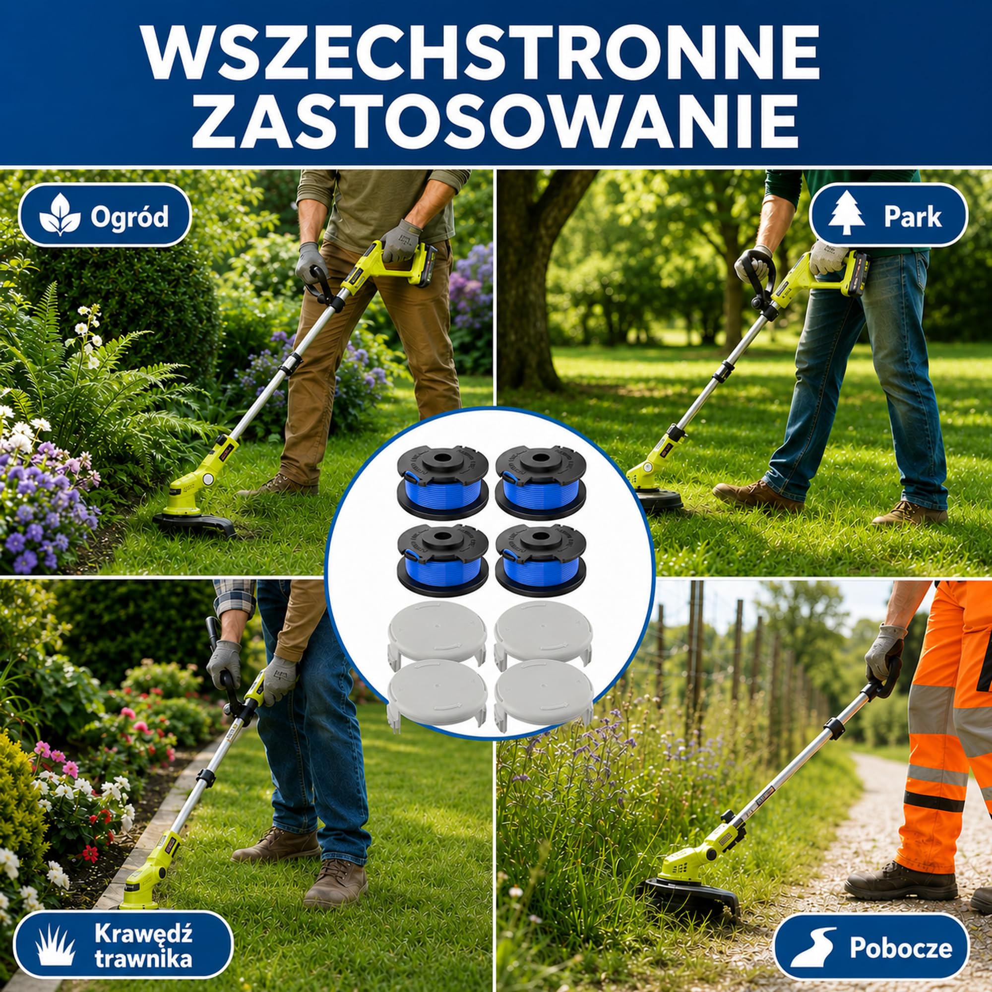 12 x szpula do podkaszarki + 4 x nasadka do Ryobi One+ 18 V, 24 V, 40 V, zapasowa szpula żyłki AC14RL3A, kompatybilna z podkaszarką do trawy Ryobi, nylon Ø 1,65 mm, długość 3,35 m