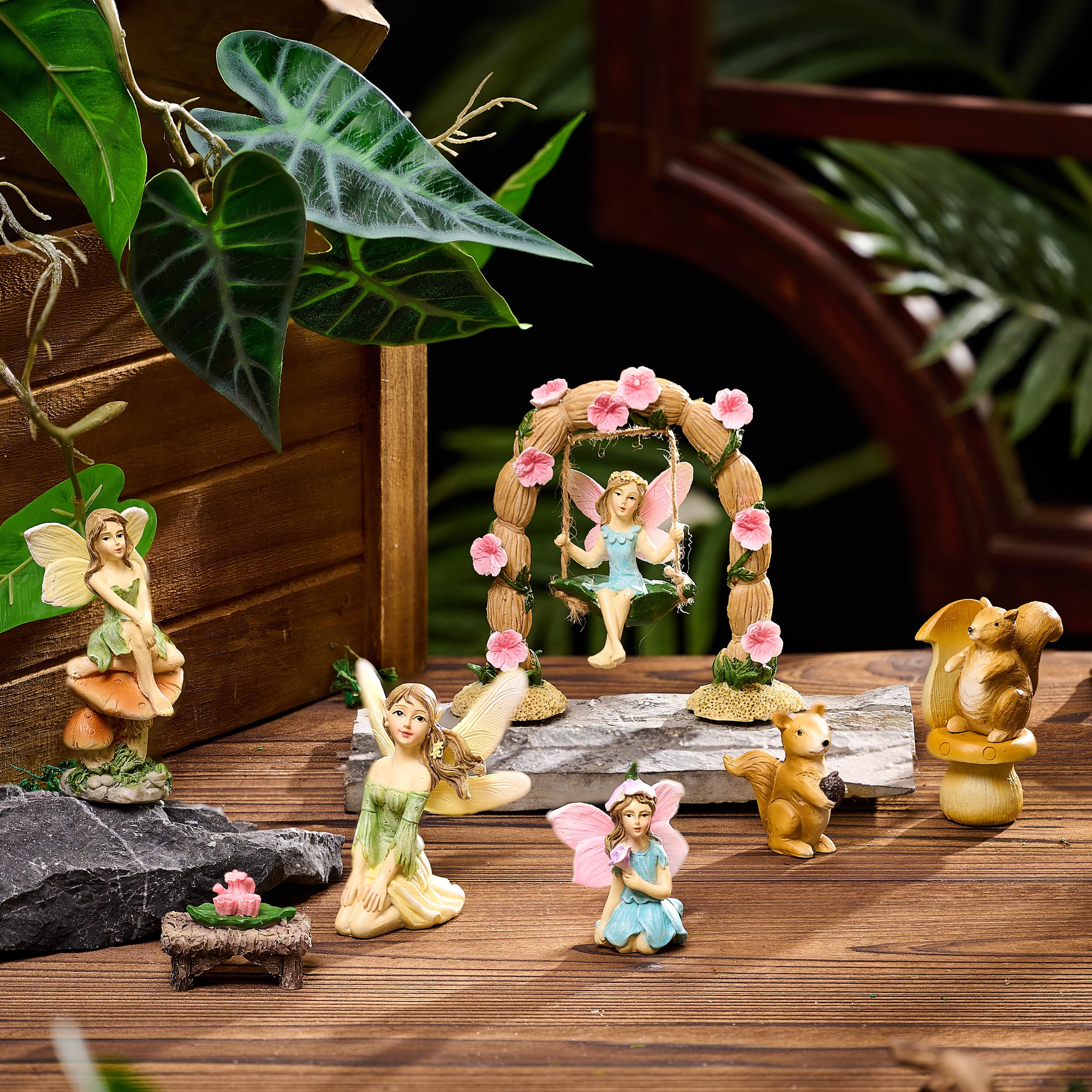 TERESA'S COLLECTIONS Garden Ornaments Outdoor, Set of 7, Cute Fairies Statues, Waterproof Resin Fairy Garden Accessories, Mum Birthday Gifts for Ornaments, Indoor Outdoor