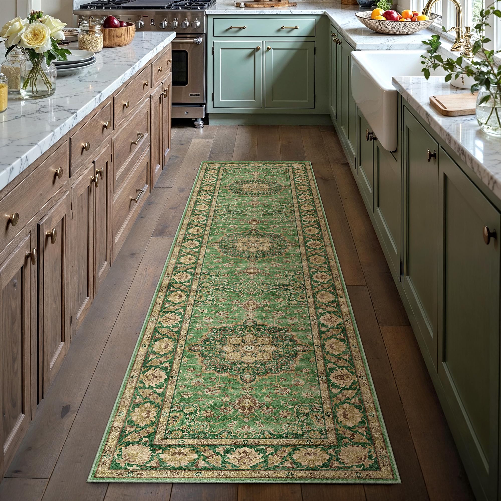 PureCozy Runner Rugs for Hallway 60x240cm Long Vintage Area Rug Washable Non Slip Oriental Medallion Printed Green Gold Carpet for Lounge Bedroom Kitchen Bedside Office Corridor Porch Indoor Deocor — image 1
