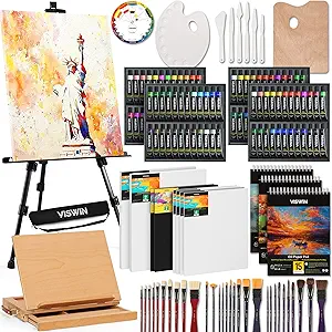 VISWIN 151Pcs All-in-One Art Painting Kit with Aluminum & Beech Wood Easel, 96 Acrylic, Watercolor & Oil Paint Set, Canvases, Painting Set with Complete Art Supplies for Adults, Artists, Beginners