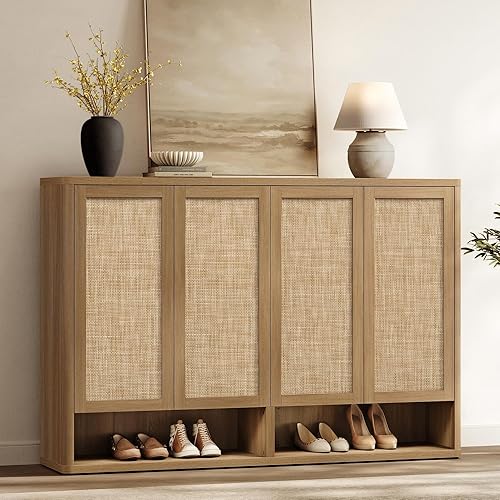 SICOTAS Gabinete de almacenamiento de zapatos de ratán Armarios modulares para zapatos con puerta alta y grande para almacenamiento de zapatos para