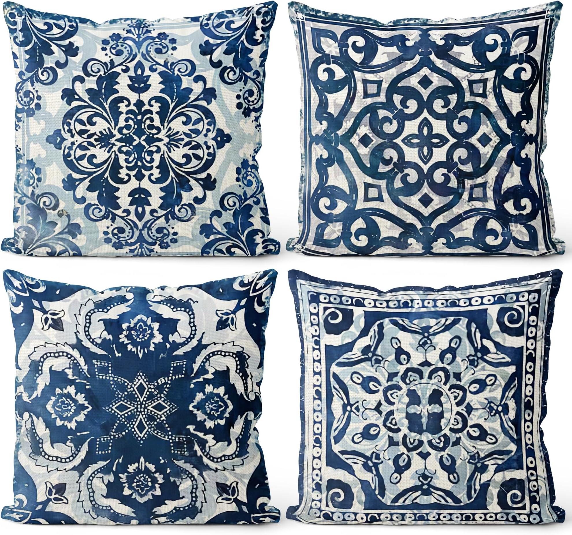 Vintage Blue and White Throw Pillow Covers 18x18 Set of 4, Retro Boho Ethnic Navy Blue Moroccan Tile Mediterranean Decorative Pillow Covers for Home Room, Chinoiserie Decor Pillowcases