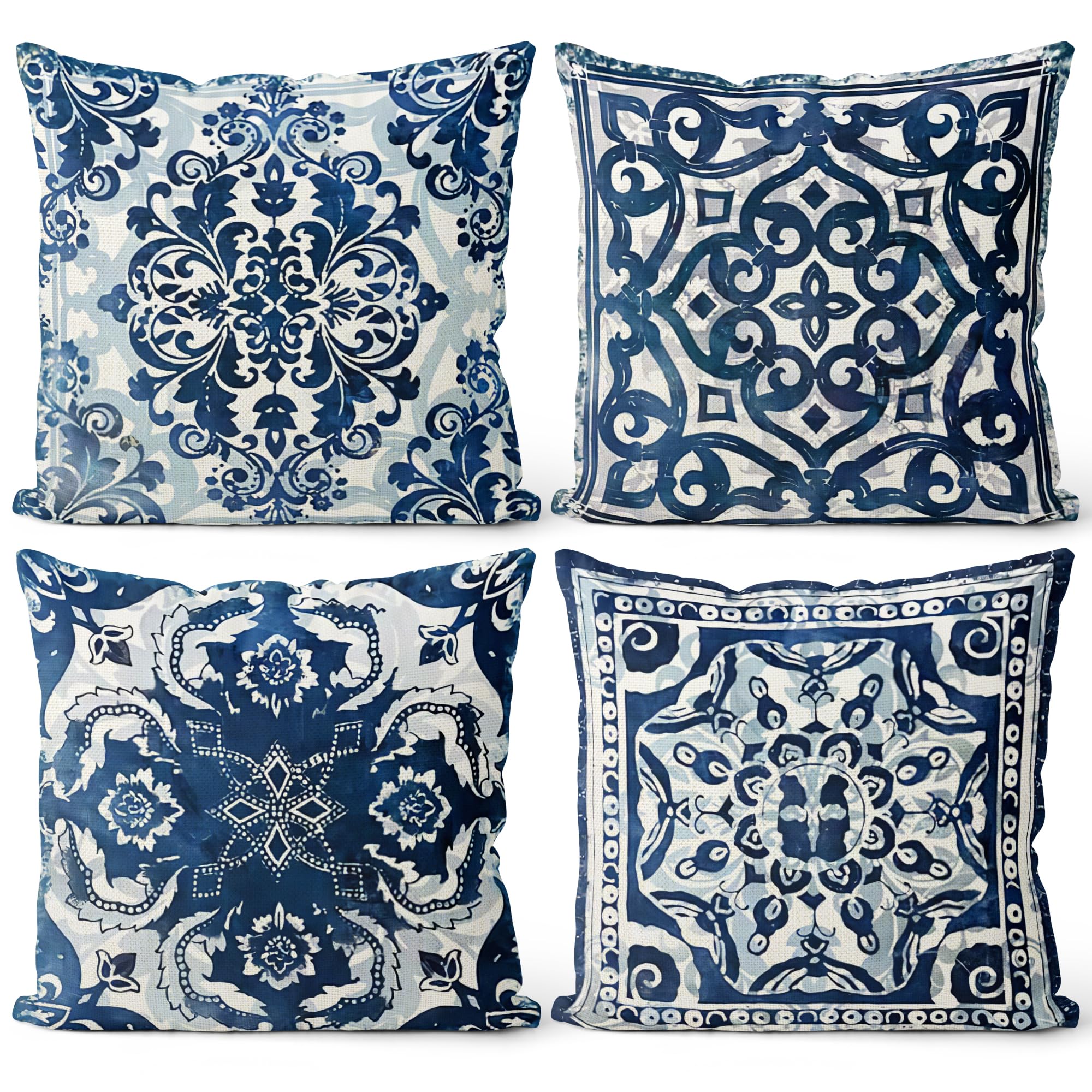 Vintage Blue and White Throw Pillow Covers 18x18 Set of 4, Retro Boho Ethnic Navy Blue Moroccan Tile Mediterranean Decorative Pillow Covers for Home Room, Chinoiserie Decor Pillowcases