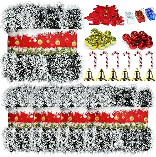 Paquete de 5 guirnaldas verdes de 250 pies con nieve, puntos de copo de nieve verde oscuro, serpentinas de pino artificial de Navidad para