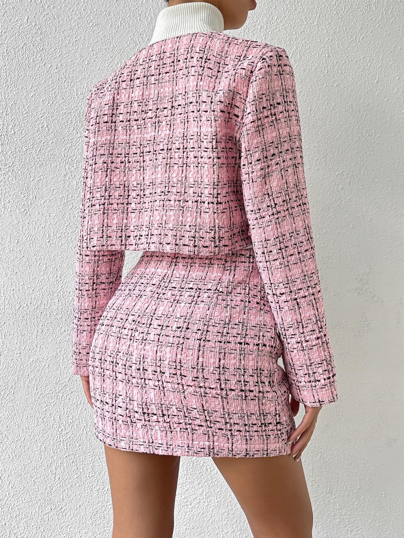 Damen 2 Stück Outfits Plaid Tweed Blazer Langarm Jacke und Rock Set