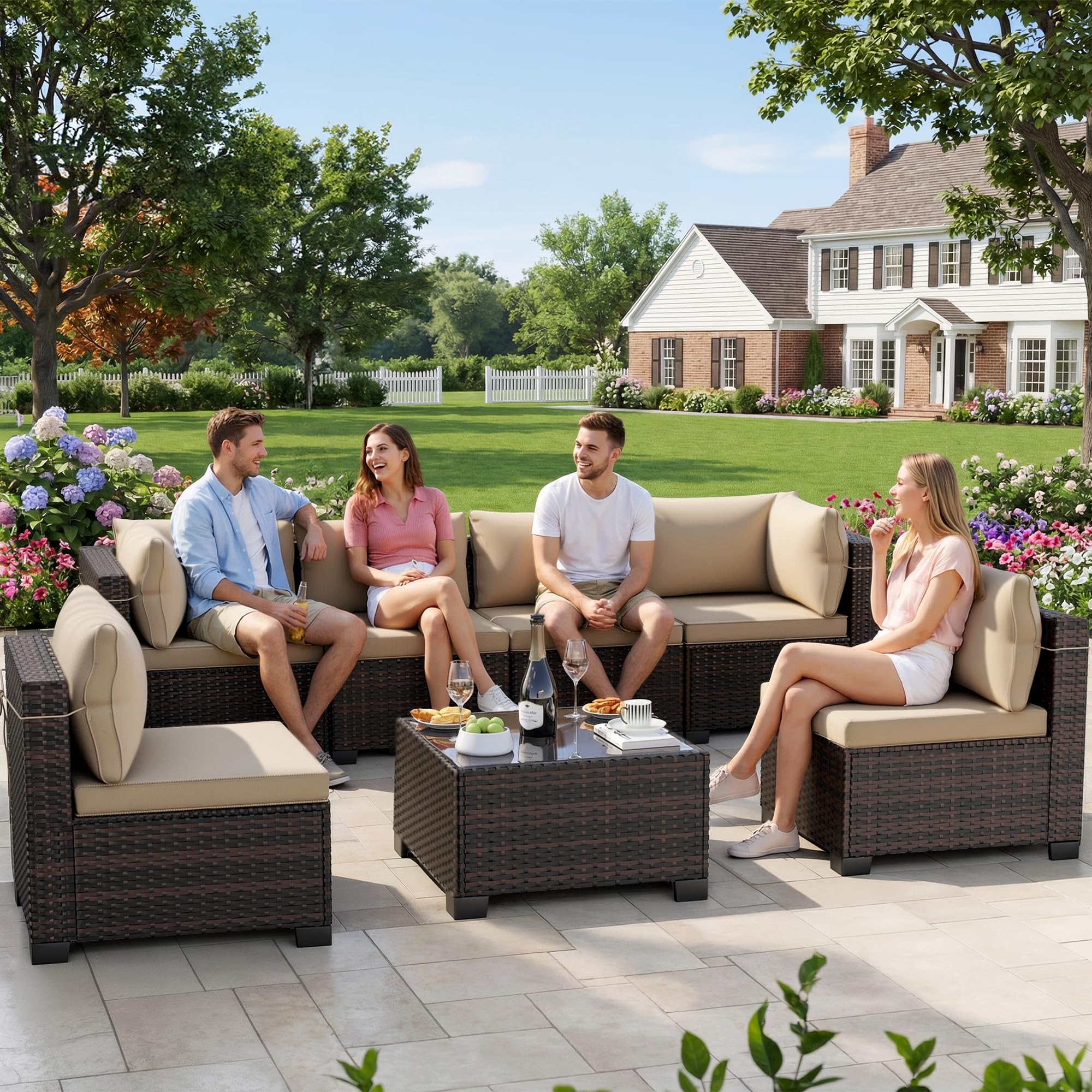 (INCOMPLETE)LEVELEVE 7 Pieces Outdoor Patio Furniture Sets,Rattan Conversation Sectional Set,Manual Weaving Wicker Patio Sofa with Tea Table