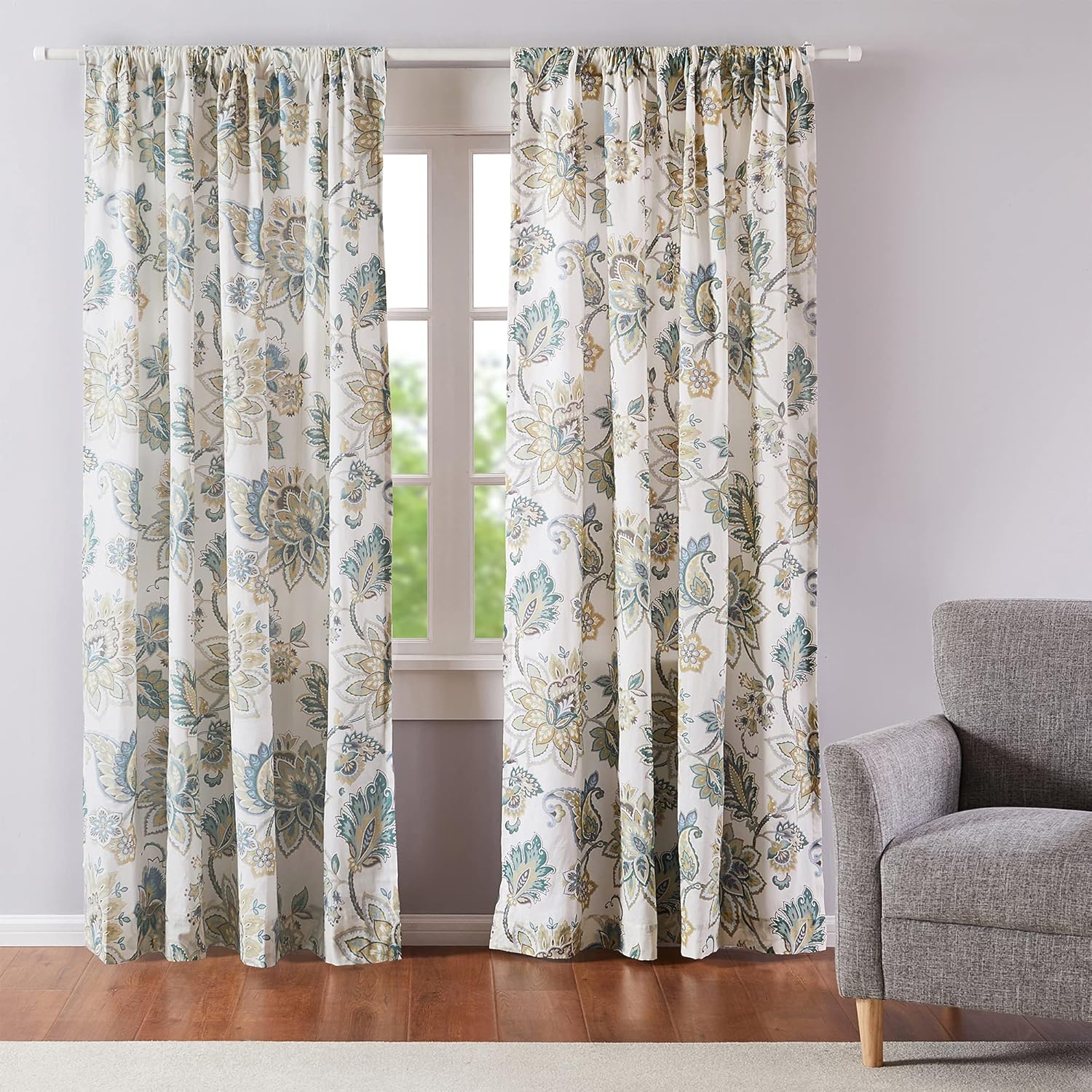 Levtex Home - Palladium Grey - Window Panel with Rod Pocket - One Curtain Panel 84 inch Length - Jacobean Floral - Grey, Taupe, Turquoise, Brown - 100% Cotton - Lined