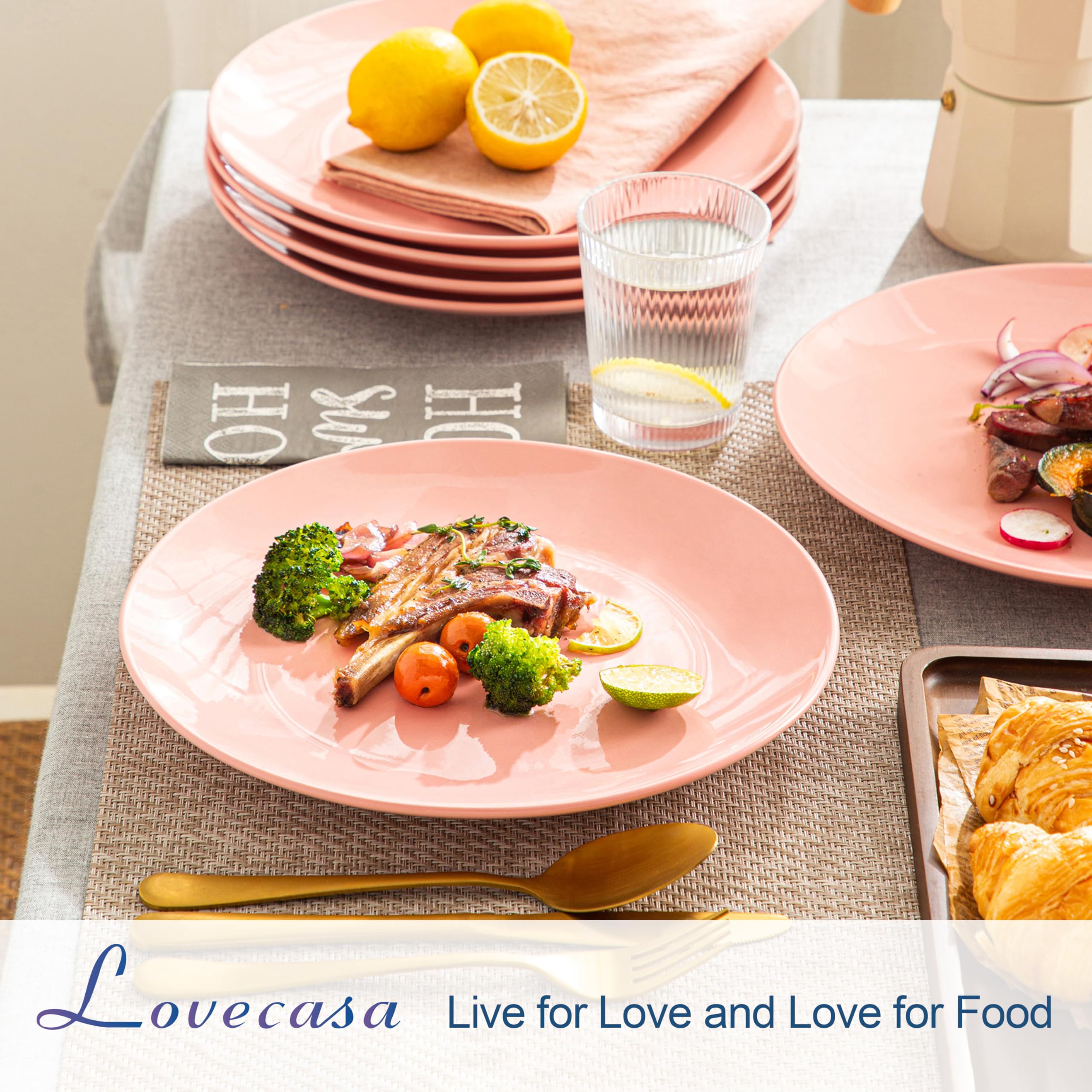 Tafelservice porzellan, LOVECASA SWEET Speiseteller, Flachteller 6er Set, Frühstücksteller Set, 26,5 x 26,5 x 3 cm, Pink, VCP-DP10