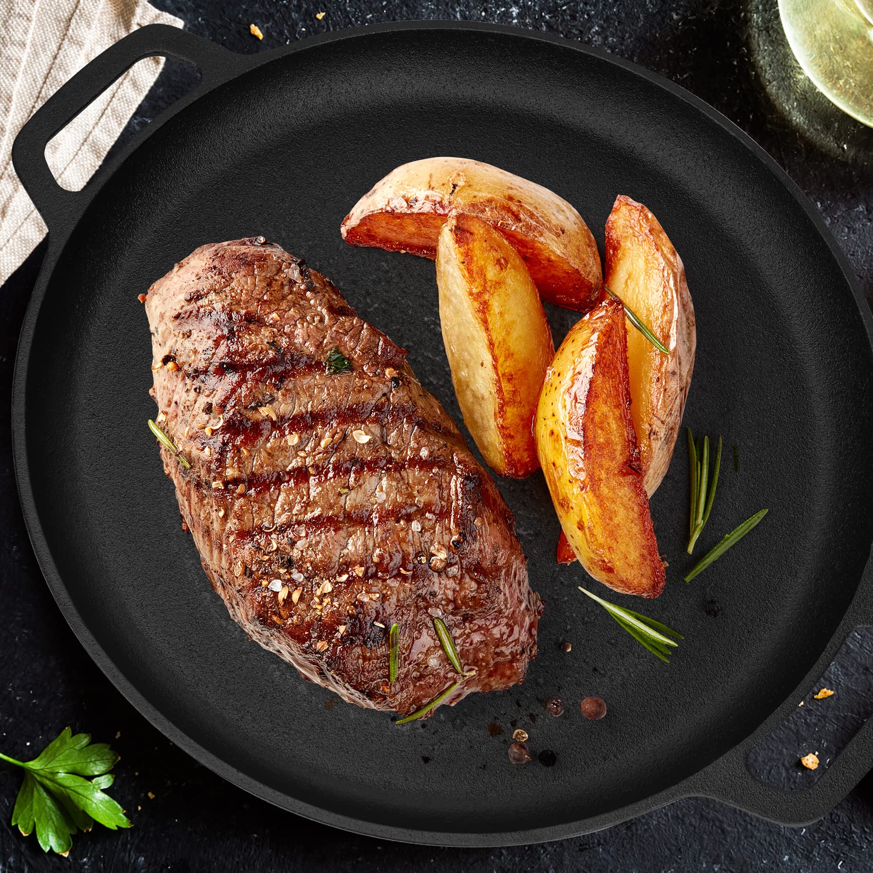 Mimiuo Poêle en Fonte, Ø 30cm Ronde Poele Grill avec Manche Amovible en Bois, Poêle à Frire à Steak BBQ pour Four à Pizza et Cuisinière