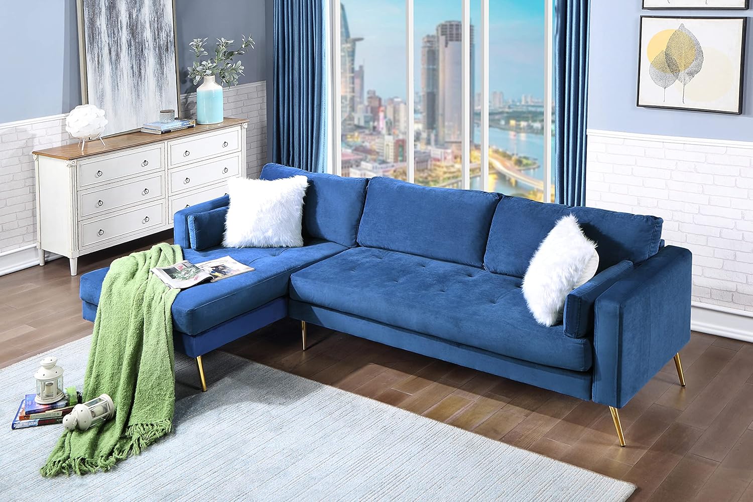 DHHU Set Sectional Sofa with Two Pillows, LShape Upholstered Elegant Velvet for