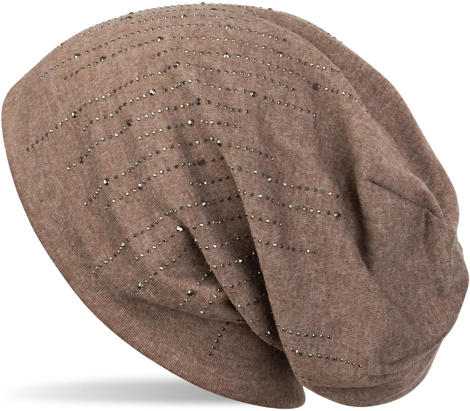 Stylebreaker Women's Mottled Brown Beanie Hat With Rhinestone Studs In Elegant Stripe Design, Slouch Long Beanie, Solid Color Fabric Hat 04024086, Colour: