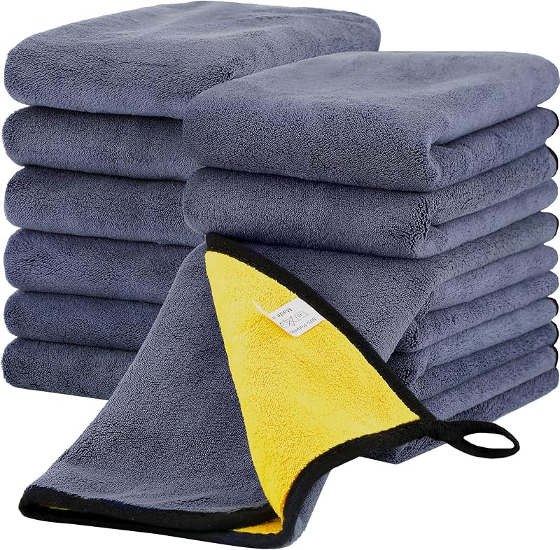 12 Pcs Microfiber Towels for Cars, 800 GSM Plush Drying Cleaning Cloth Bulk, 16 x 16 Inch Thick Absorbent Wash Detailing Towels for Car Polishing, House, Kitchen Cleaning(Yellow and Gray)