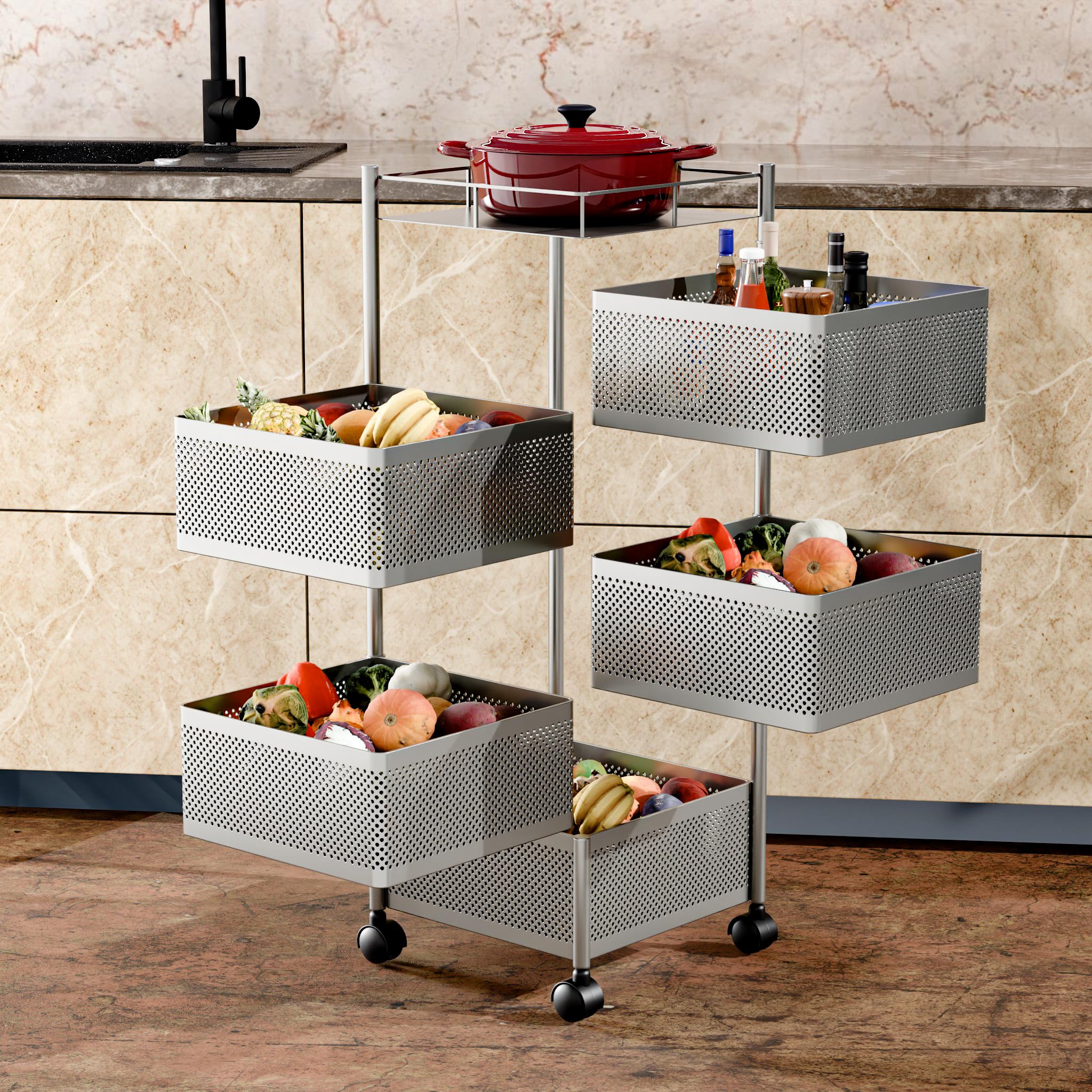 TEX-RO Kitchen Trolley with Wheels | 5-Layer Metal Vegetable Basket Stand & Kitchen Storage Rack | Multipurpose Kitchen Organizer for Onion Potato Storage (Silver Grey)
