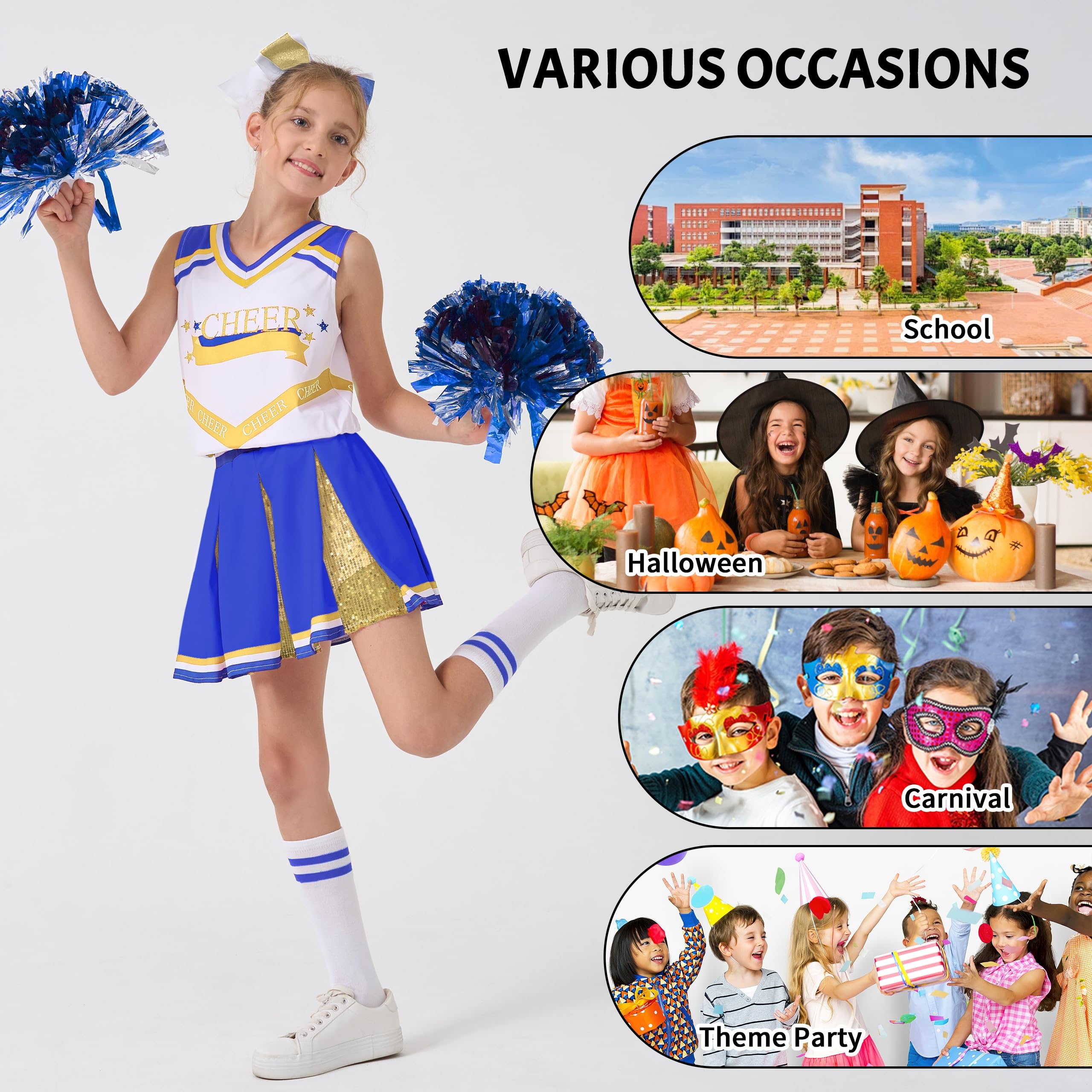 LOLANTA Disfraz de Animadora para Niñas,Traje Animadora con Pompones, Disfraces Cheerleader Halloween para Niñas, 5-13 años