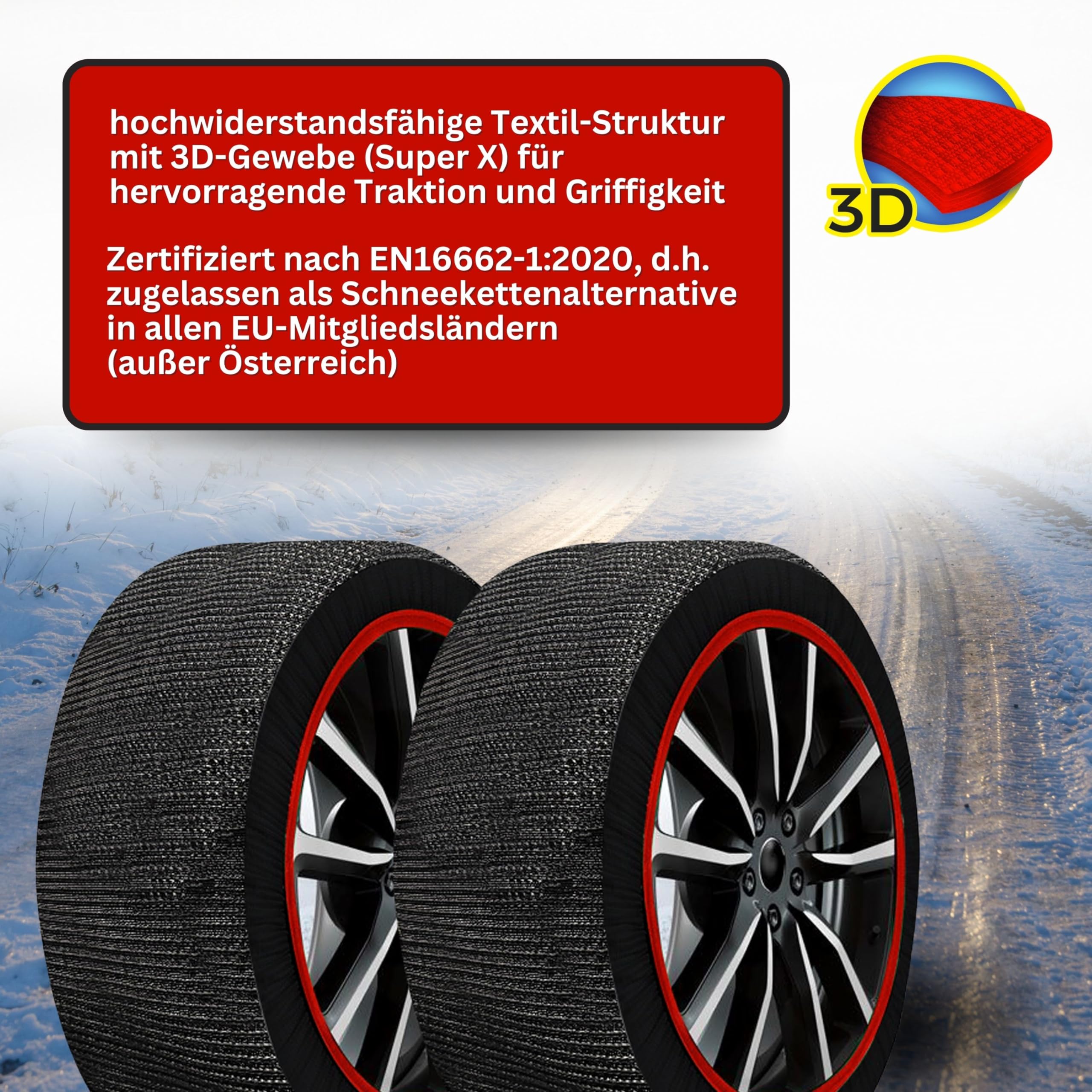 Schneesocken Reifensocken Snow Socks Textilschneeketten - Maranello Super X - Größe XL - geprüft nach EN 16662-1:2020 - einfache Montage in 2 Minuten - Anti-Rutsch Winterketten - Textil Schneeketten