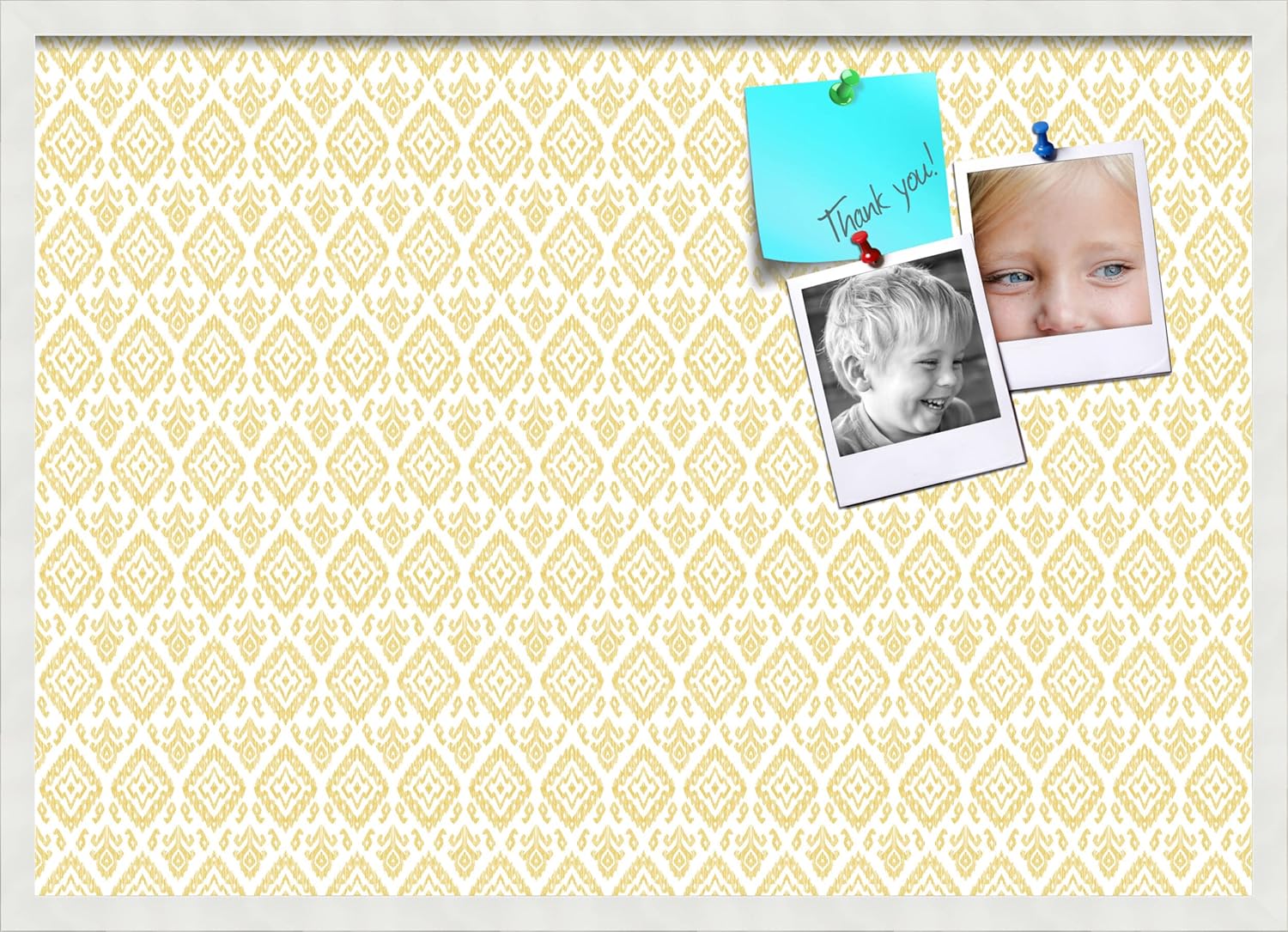 PinPix 34x24 inch Cork Bulletin Board. This Decorative Framed Pin Board Comes with Ikat Vintage Gold Design and Satin White Frame. Ideal for Home, Office Decor or School (PinPix-1598)