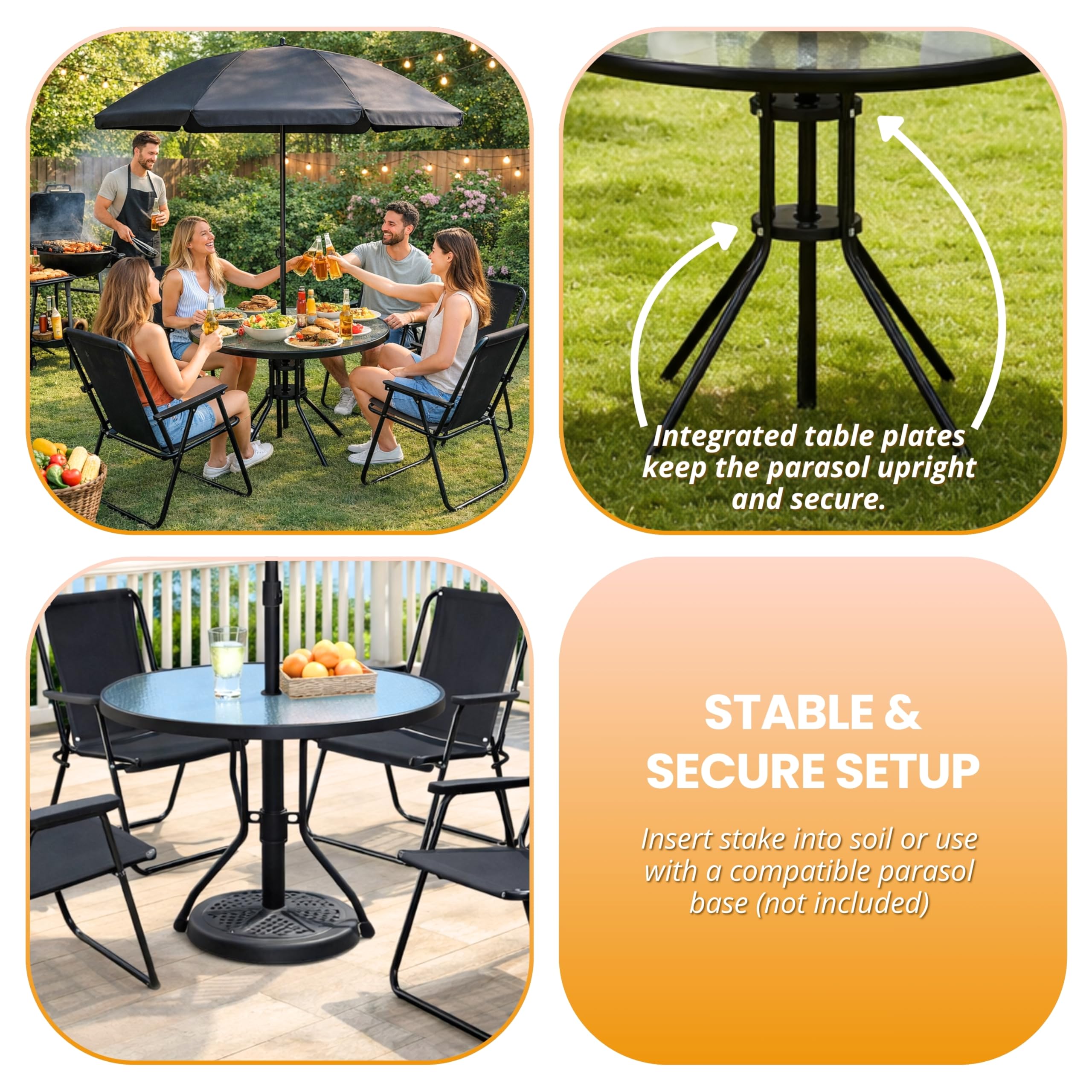 Garden Mile Moderno juego de muebles plegables de 6 piezas, resistente a la intemperie, sombrilla y 4 sillas, accesorios decorativos para interiores y exteriores para balcón, patio y jardín (negro)
