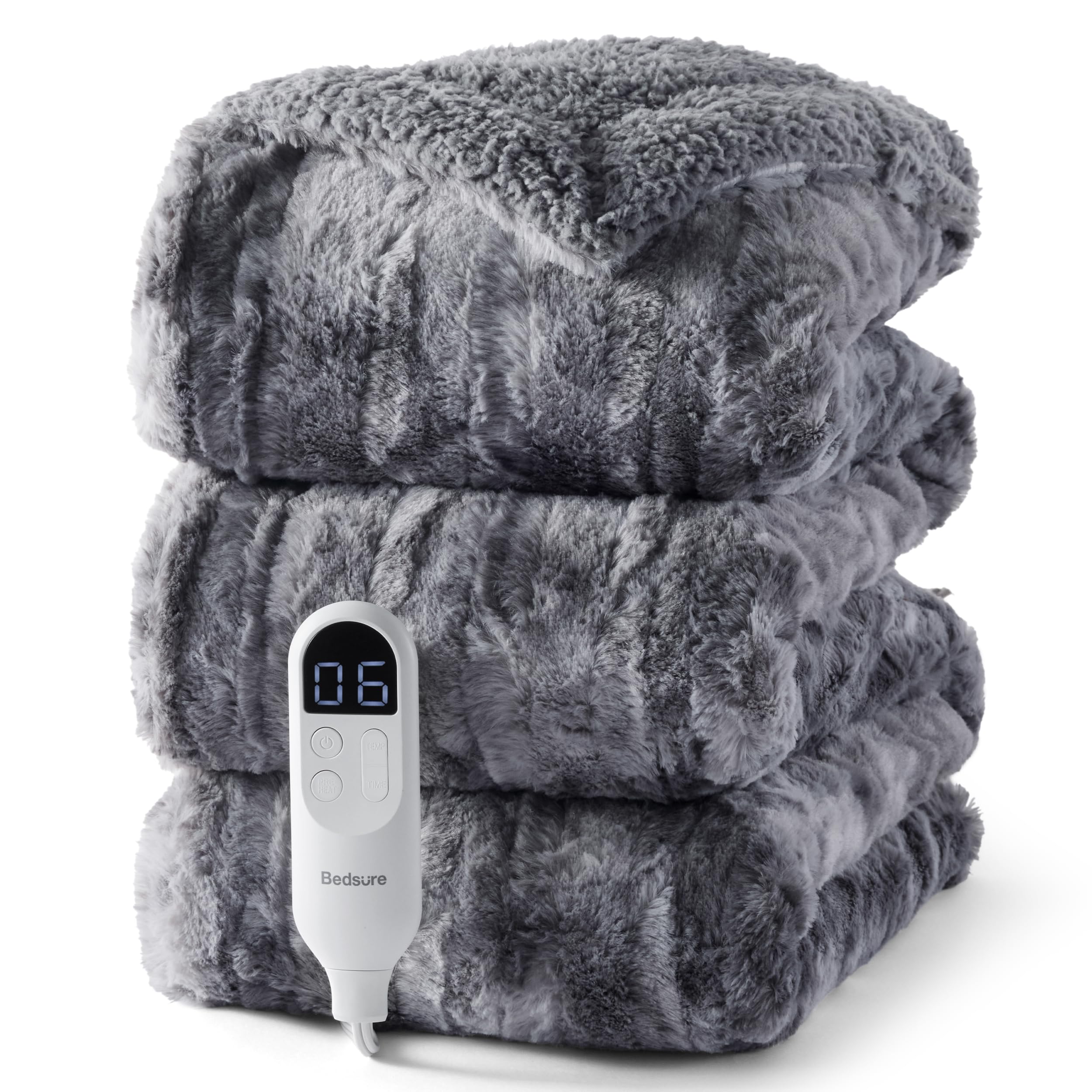 Bedsure Faux Fur Heated Blanket Full Size, Tie-Dye Electric Blanket, Grey
