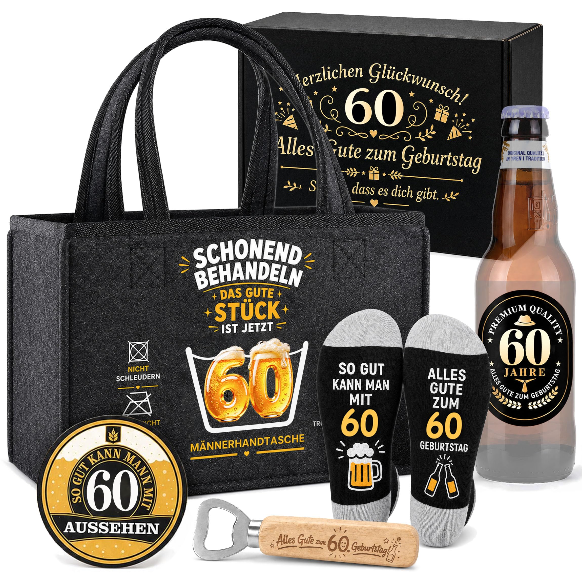ZJTAPE Rentner Geschenk Männer mit Männerhandtasche Bier, weizenbiergläser, Gehäkelte Kuscheltiere, Lustige Ruhestand Geschenke (60 Geburtstag Bier-B)