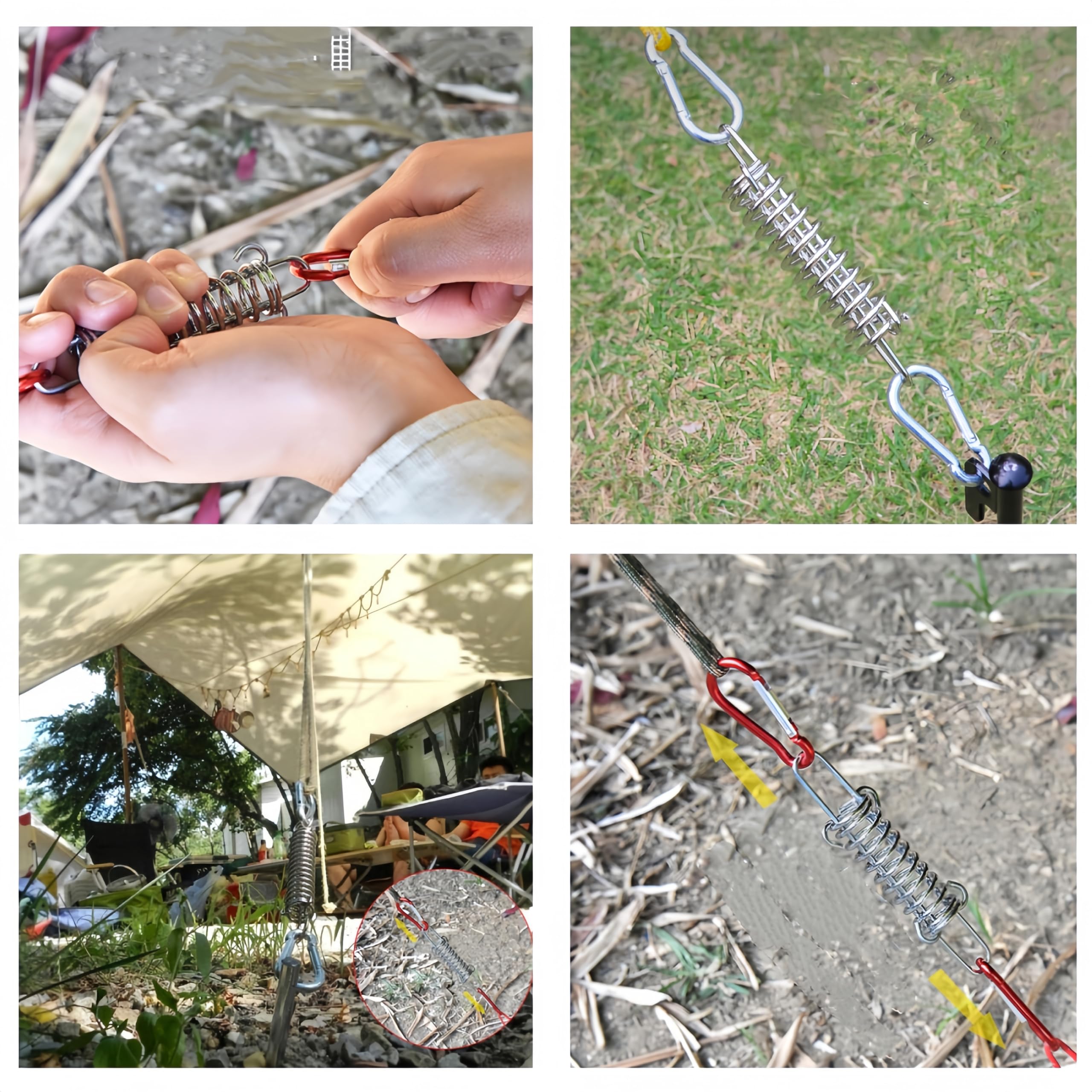 Molla Ormeggio,Fibbia a Molla Tenda da Campeggio, 4 PCS Gancio a Molla Tensione Tenditore e 8 PCS Moschettoni, Molla in Acciaio Inossidabile, Tenditore a Molla per Tenda Spiaggia e Vela Ombreggiante