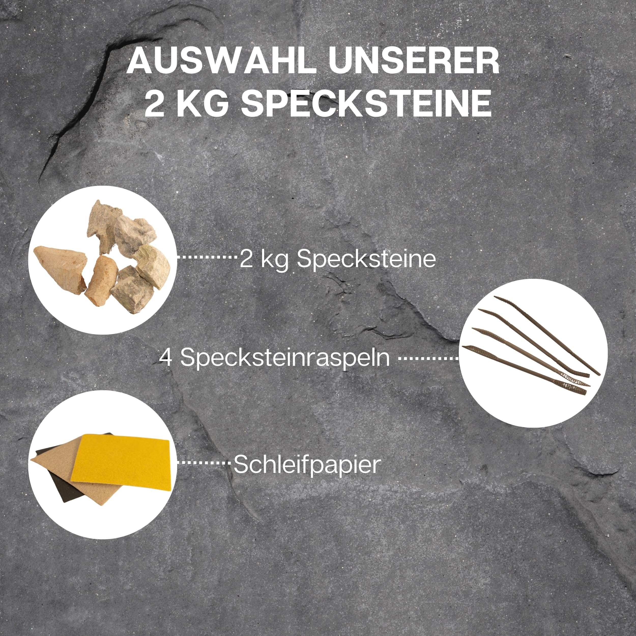 Speckstein 2kg Set mit (Schleifpapier und 4 Specksteinraspeln) – Werkzeug zum Schnitzen und Feilen von Speckstein – perfekt für Anfänger und Profis – Speckstein Schmuck kreieren