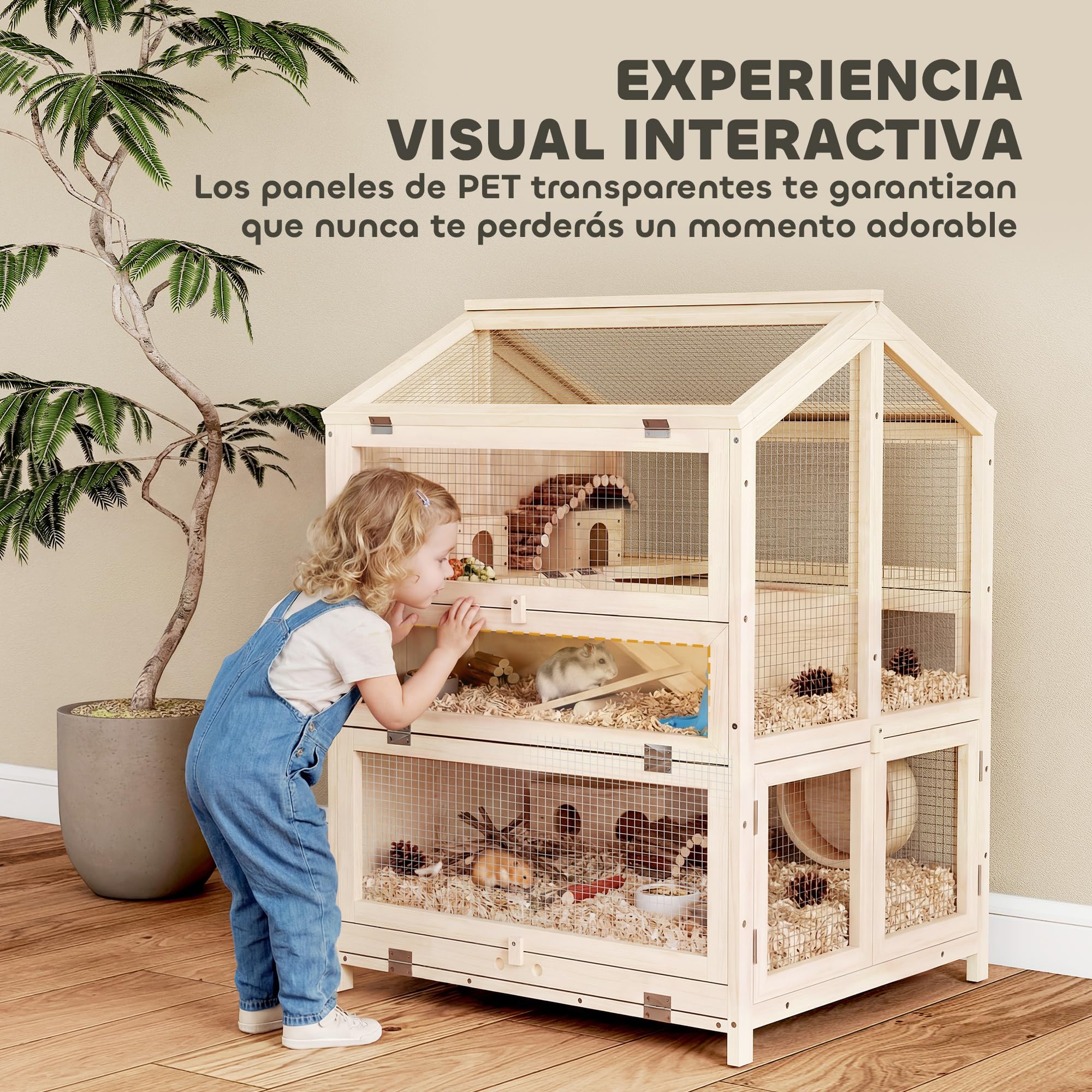 PawHut Jaula para Hámster de Madera de 3 Niveles 68x61,5x90 cm Natural | Casa para Hámster de Madera con Bebederos, Casetas, Balancines, Rampas, Bandeja Extraíble, Tapas Abatibles