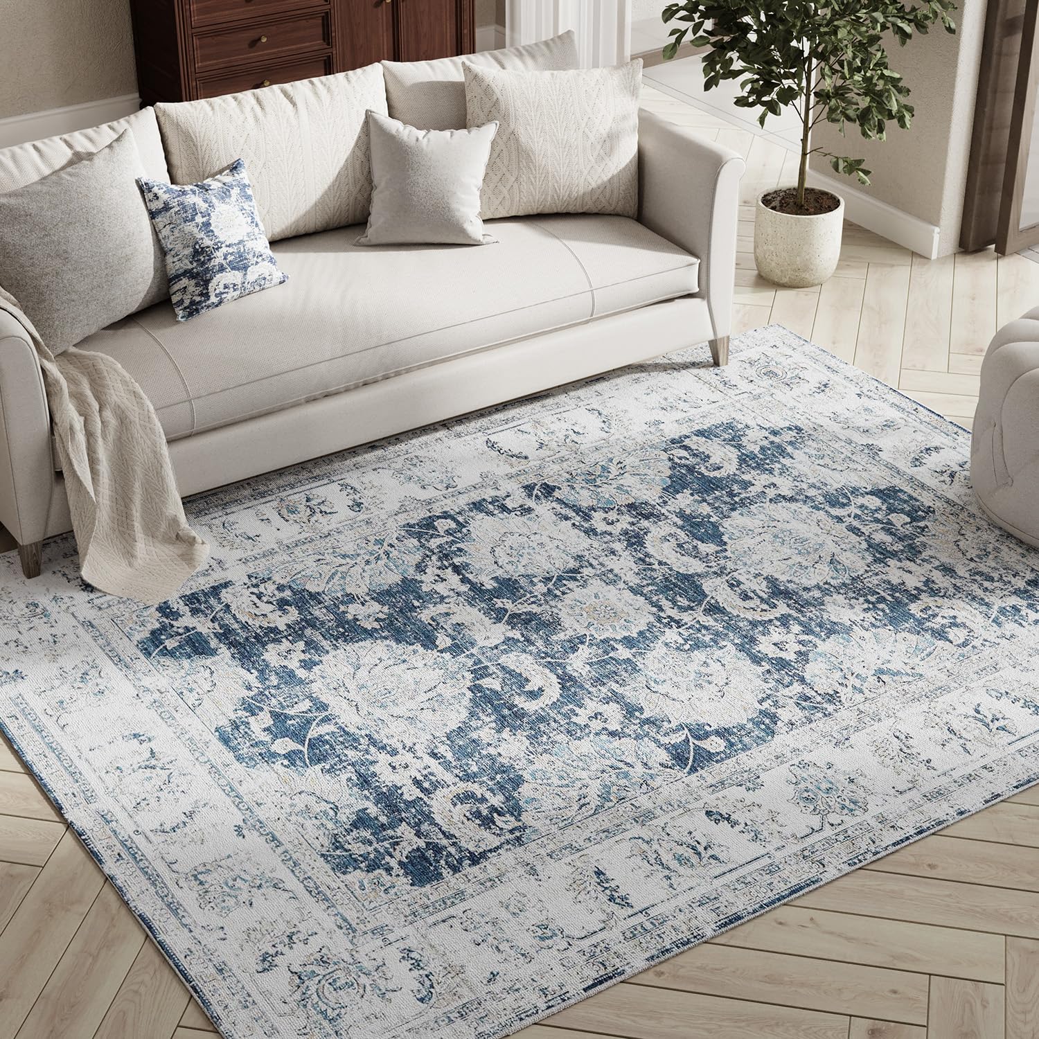 jinchan Fiora 4x6 Area Rugs for Bedroom - Machine Washable Distressed Vintage Floral Design Stain Resistant Boho Carpet Ultra-Thin Low Pile Non-Slip