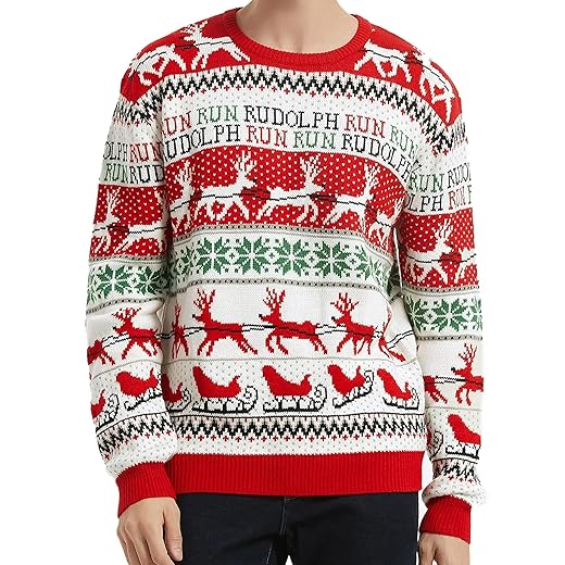 Men's Christmas Rudolph Reindeer Holiday Festive Knitted Sweater Cardigan Cute Ugly Pullover Jumper