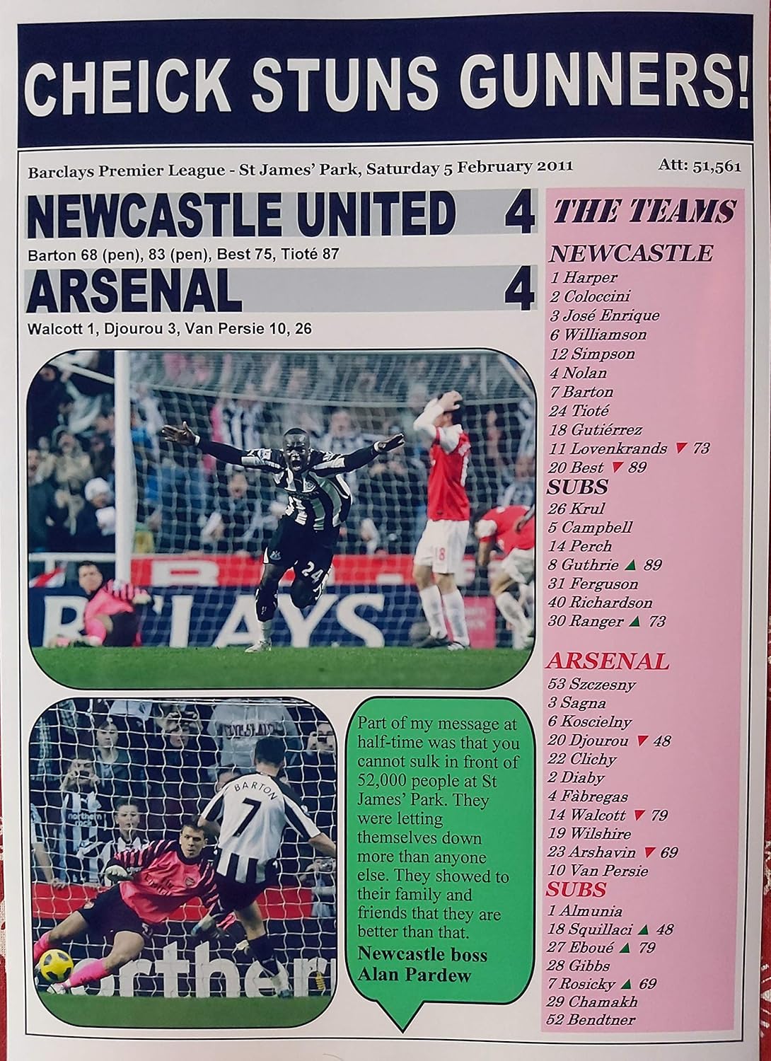 Newcastle United 4 Arsenal 4-2011 - souvenir print