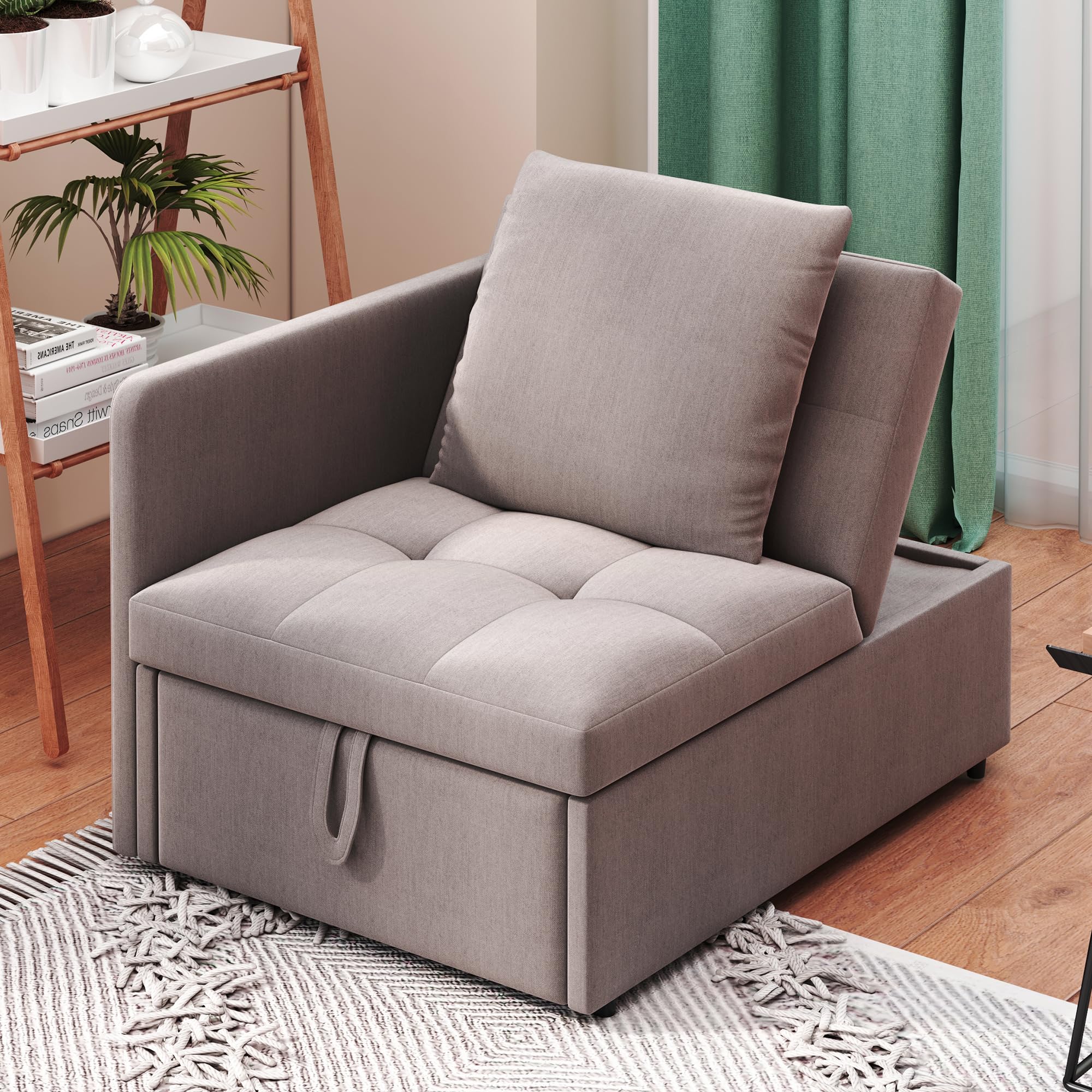 3-in-1-Schlafsofa mit Schlaffunktion, Klappsofa, Sofa Hocker, 5-Fach verstellbare Rückenlehne, Leinenstoffsofa, Schlafsessel für Wohnzimmer & Gästezimmer. (Grau A)