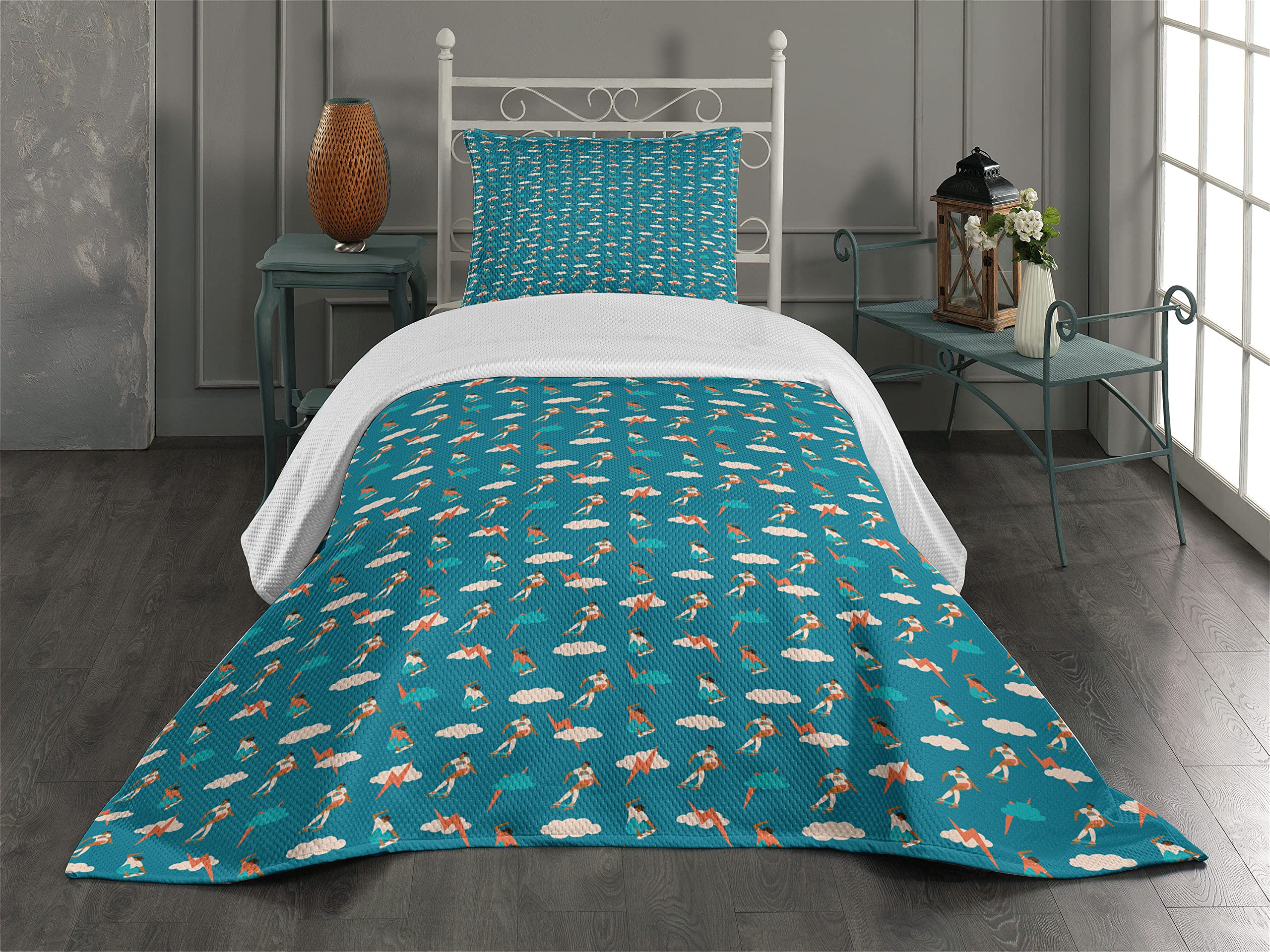 Ambesonne Skateboarding Coverlet, Repeated Pattern of Boy Motifs Making Moves on Skateboard Clouds, 2 Piece Decorative Quilted Bedspread Set with 1 Pillow Sham, Twin Size, Teal Sienna