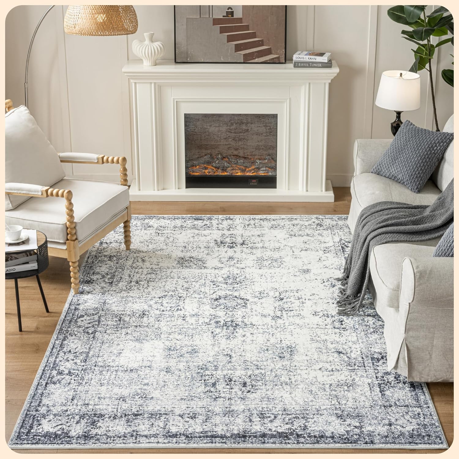 Istana 6x9 Area Rugs - Navy Rugs for Living Room - Luxurious Silk's Soft Touch Living Room Rug - Elegant Non Slip Area Rug Misty Blue Antique Blossom 6' x 9' (Rectangular)