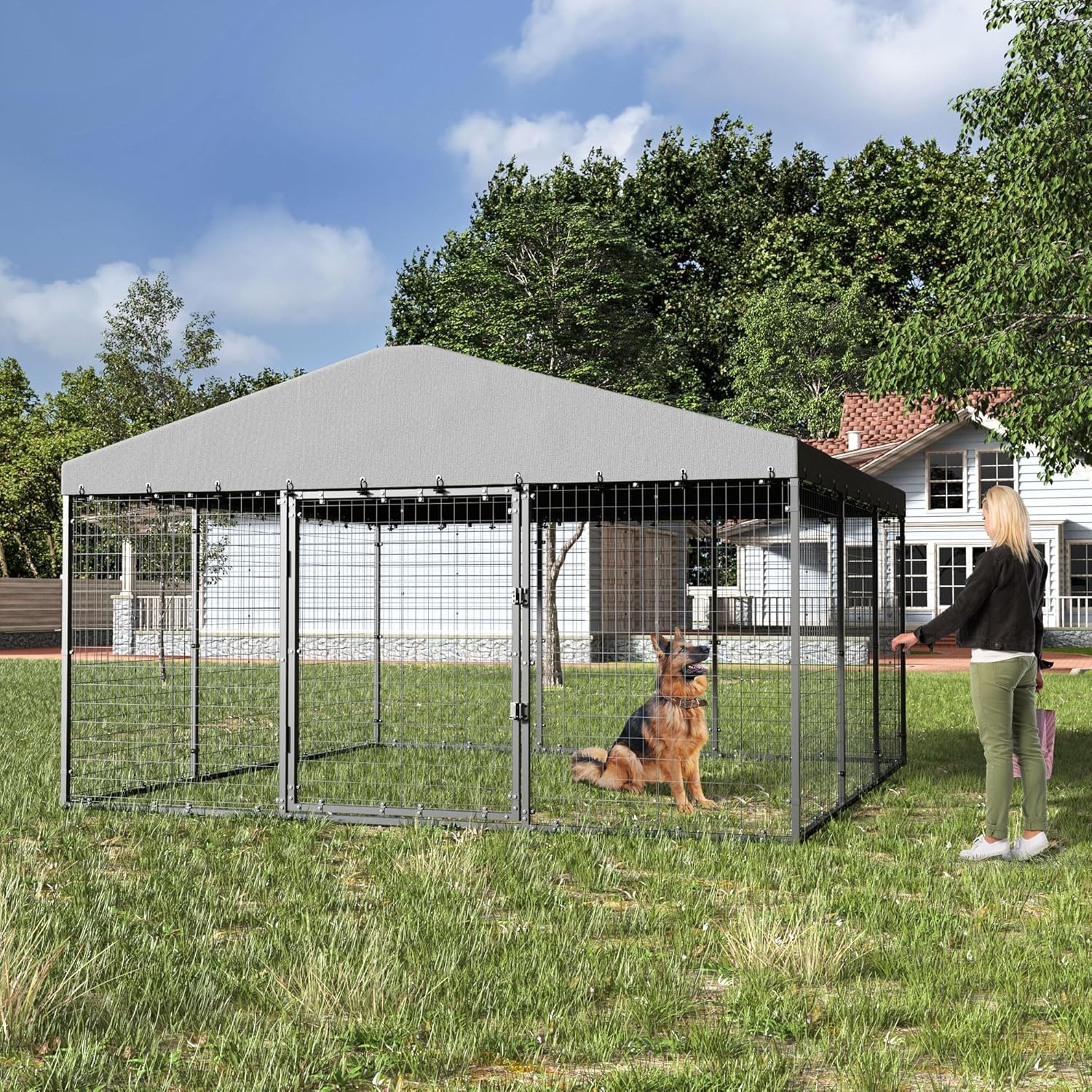 Kullavik 10x10x6 FT Large Outdoor Dog Kennel,Anti-Rust Galvanized Steel Dog Pen with Double Locks,Heavy Duty Dog Enclosure Fence with UV & Water Resistant Roof Cover for Outside