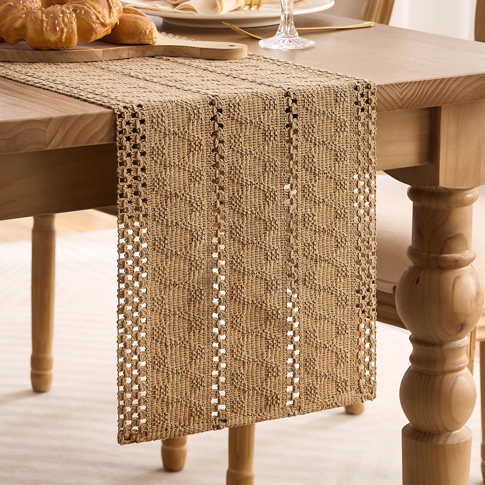 LRartdeco Boho Table Runner Brown Spring Boho Macrame Decoration Table Cloth Modern Small Runner Rustic Farmhouse 30 x 100 cm For Dining Kitchen Holiday Party Wedding Decorations