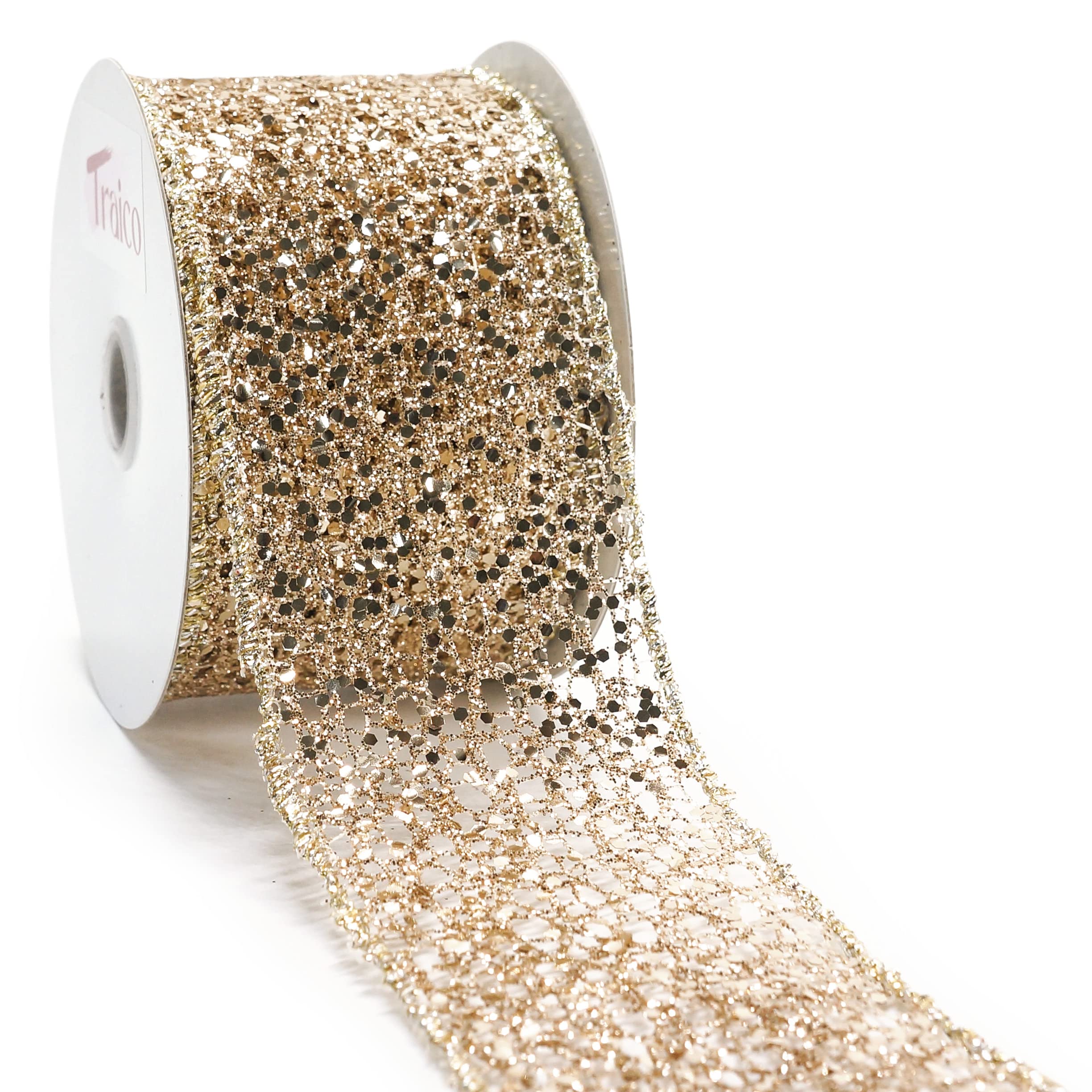 Sparkling Champagne Gold Glitter Mesh Wired Ribbon - 2.5 Inch x 10 Yards (30 Ft) x 1 Roll for Christmas Home Decor, Gift Wrapping, Bow Making, Wreath, DIY Crafts, Wedding