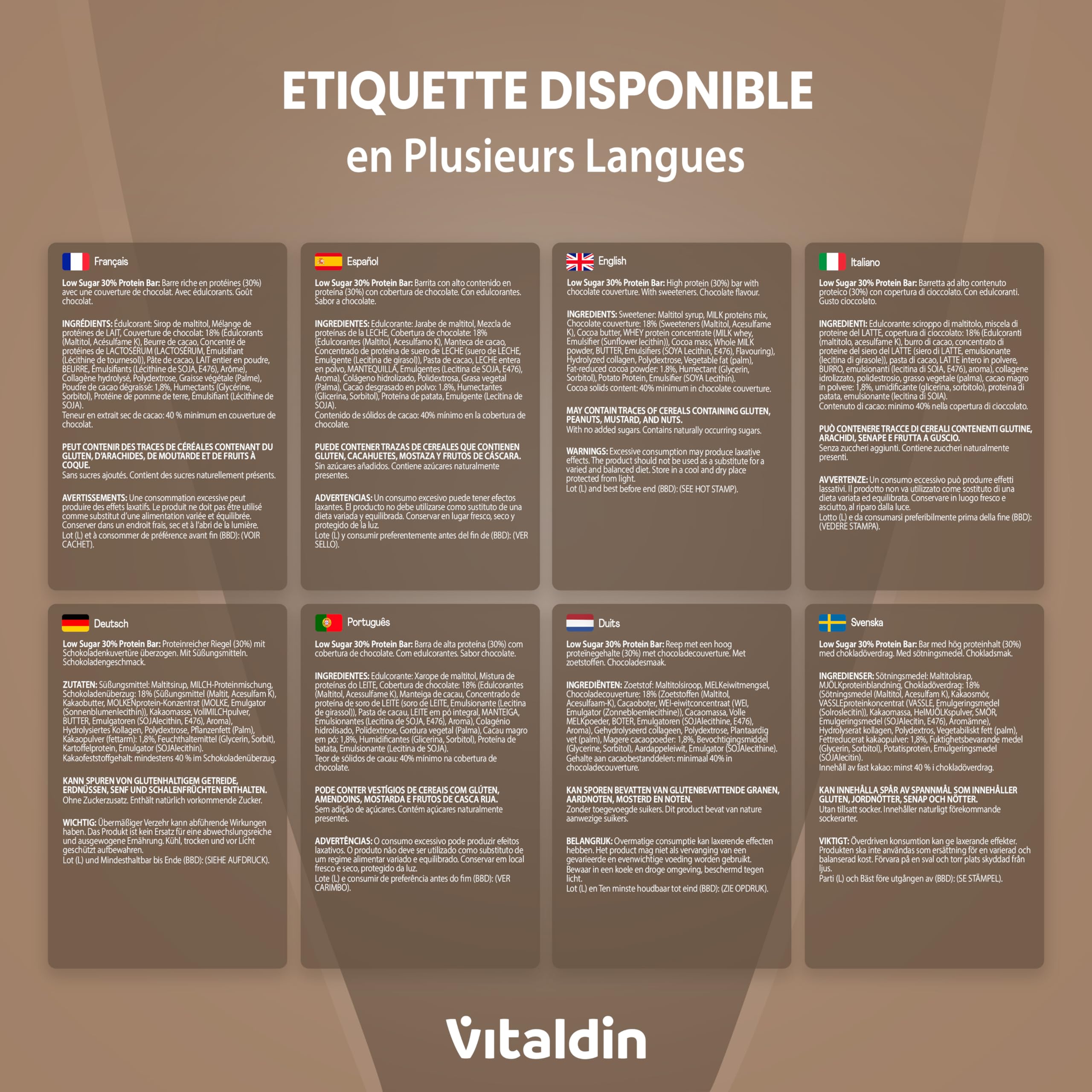 VITALDIN Barre Protéinée Chocolat – 30% Protéines avec Collagène Hydrolysé – Faible en Glucides & Calories – Sans Sucres Ajoutés – 0,2 g de Sucre – Snack Sain – Pré & Post Entraînement – 12 barres