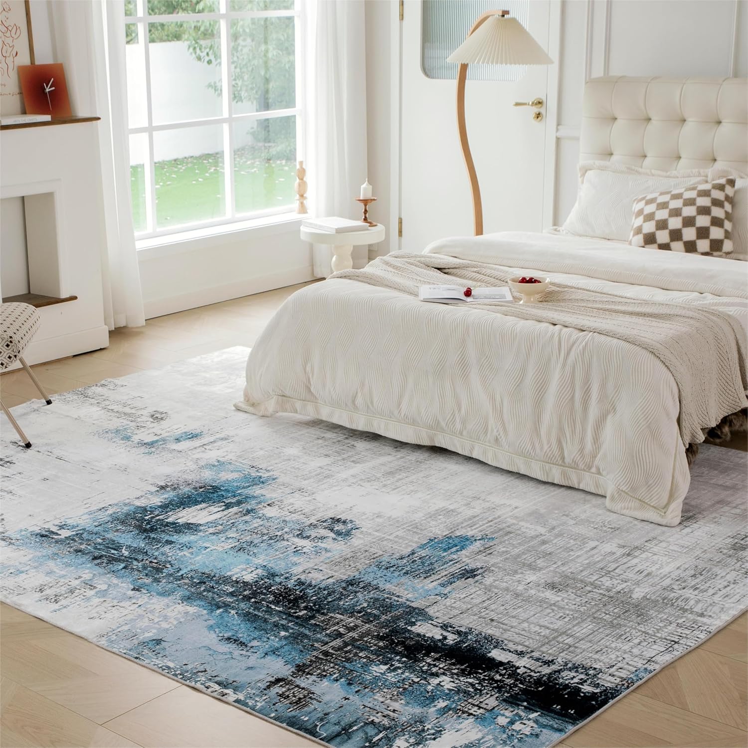 Auemtyn 5x7 Washable Area Rug - Modern Abstract Soft Thin Non-Slip Indoor Floor Carpet for Living Room Bedroom Dining Nursery Farmhouse - White Navy Blue
