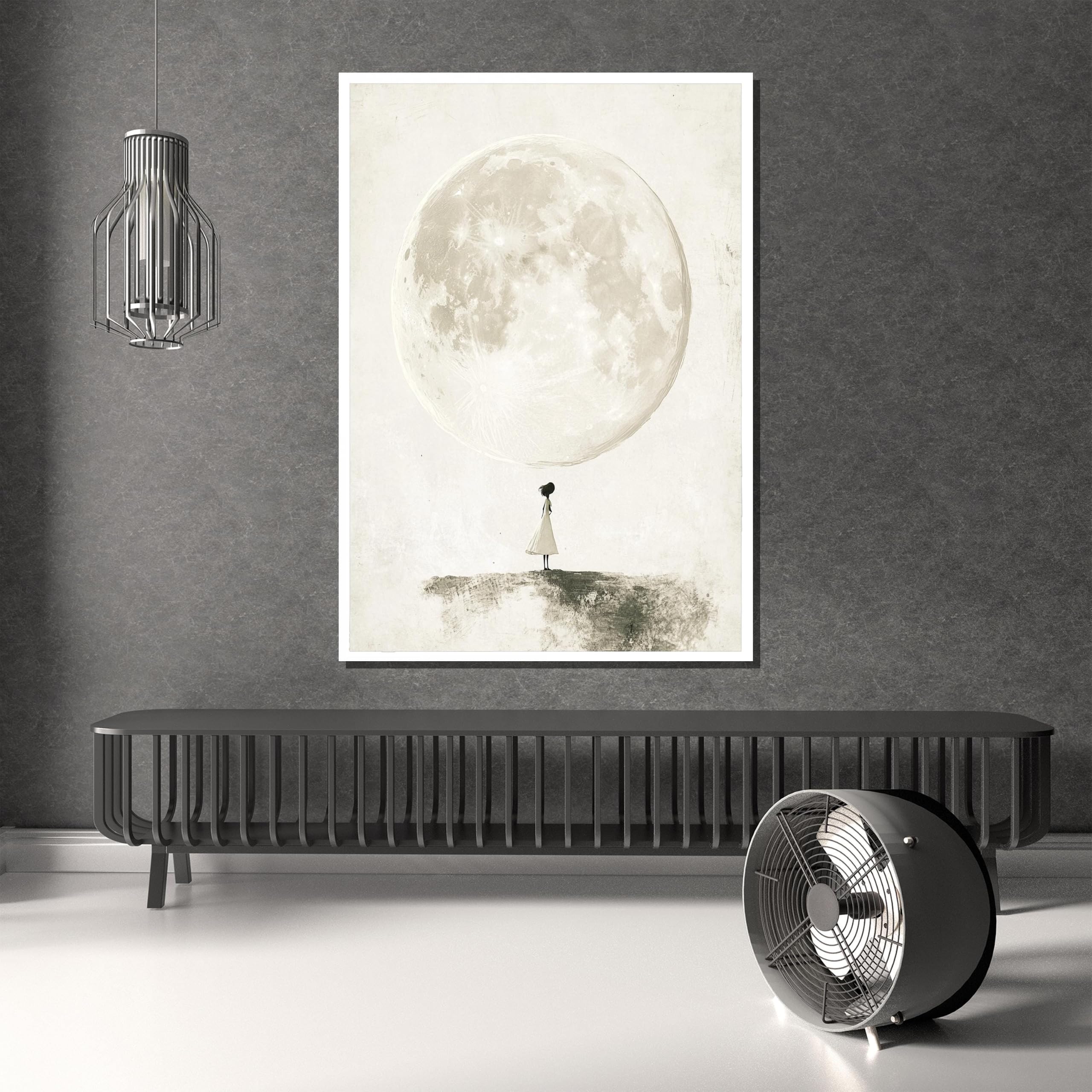 XINBAO Obraz na płótnie Dziewczyna i Księżyc - Monochromatyczna minimalistyczna marzycielska grafika gotowa do powieszenia, idealna do pokoju dla niej lub pokoju dziecięcego (80 x 110 cm/bez ramy)