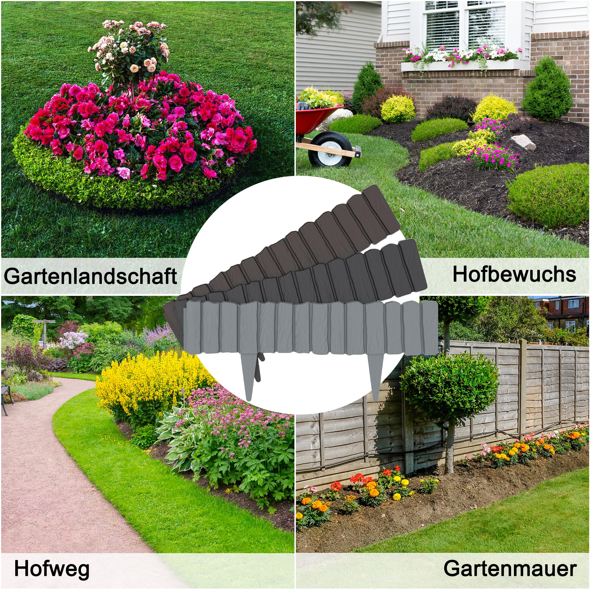 4.8m Rasenkante Kunststoff Beetumrandung mit Holzoptik & 10 cm Erdspießen - Mähkante für Garten, Beeteinfassung Anthrazit, Palisade im Holzdesign Anthrazit
