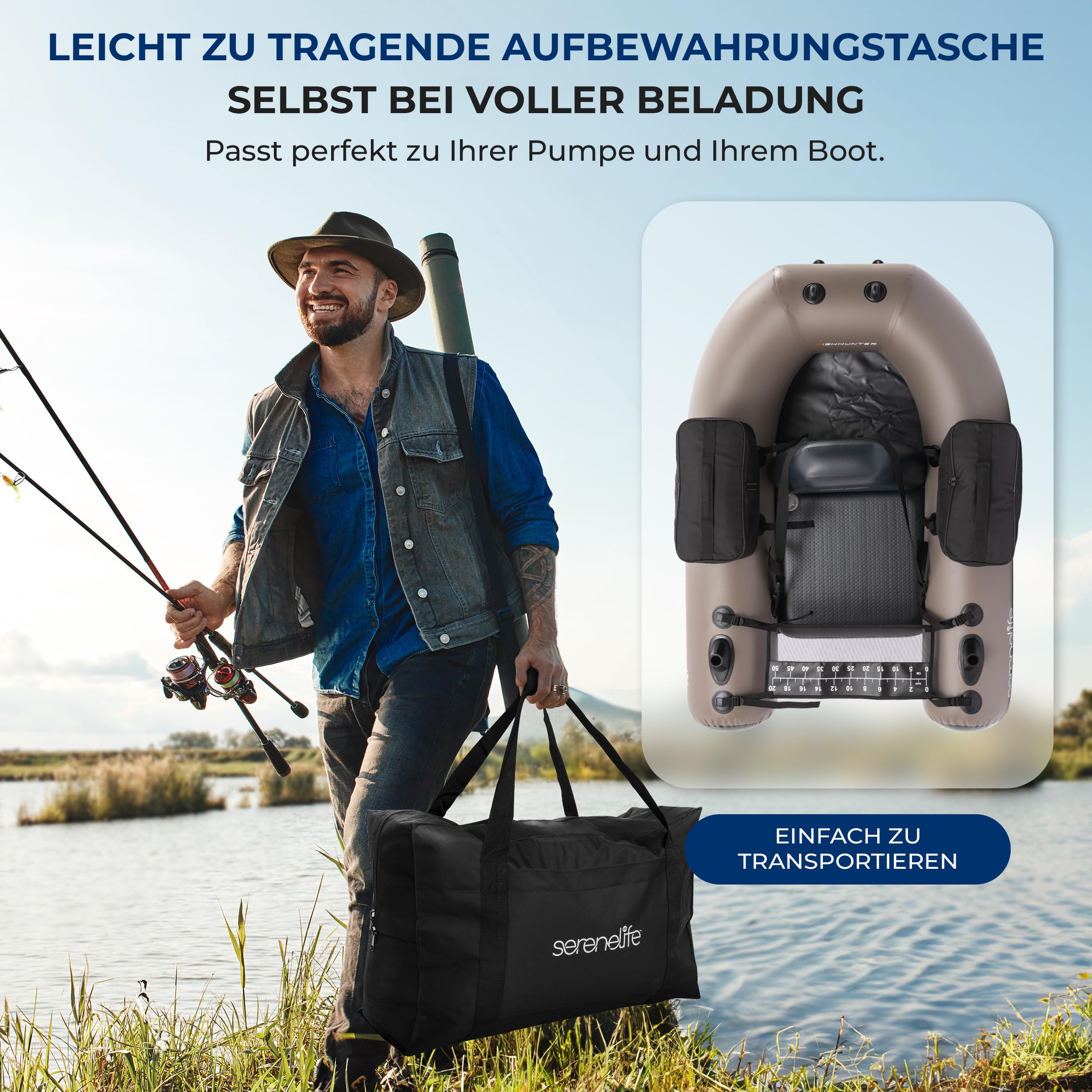 SereneLife Angelboot Aufblasbar 1 Person 100 kg Bellyboot PVC Float Tube Mit Rutenhalter, Sitz und Rückenlehne, Taschen für Komfortables Angeln auf See und Fluss