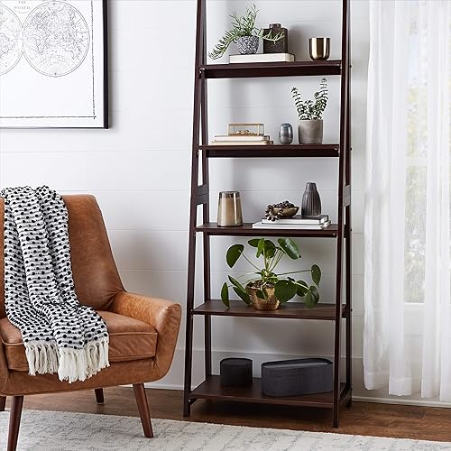 Miniatura 2 de Amazon Basics Organizador de estantería de escalera, marco de madera de goma maciza, acabado espresso, 5 estantes, 14 pulgadas de profundidad x 24.8