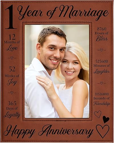 CEDAR CRATE MARKET Marco de fotos de 1er aniversario de boda, 1 año, 1 año de matrimonio, marco de fotos de cuero sintético grabado para retratos