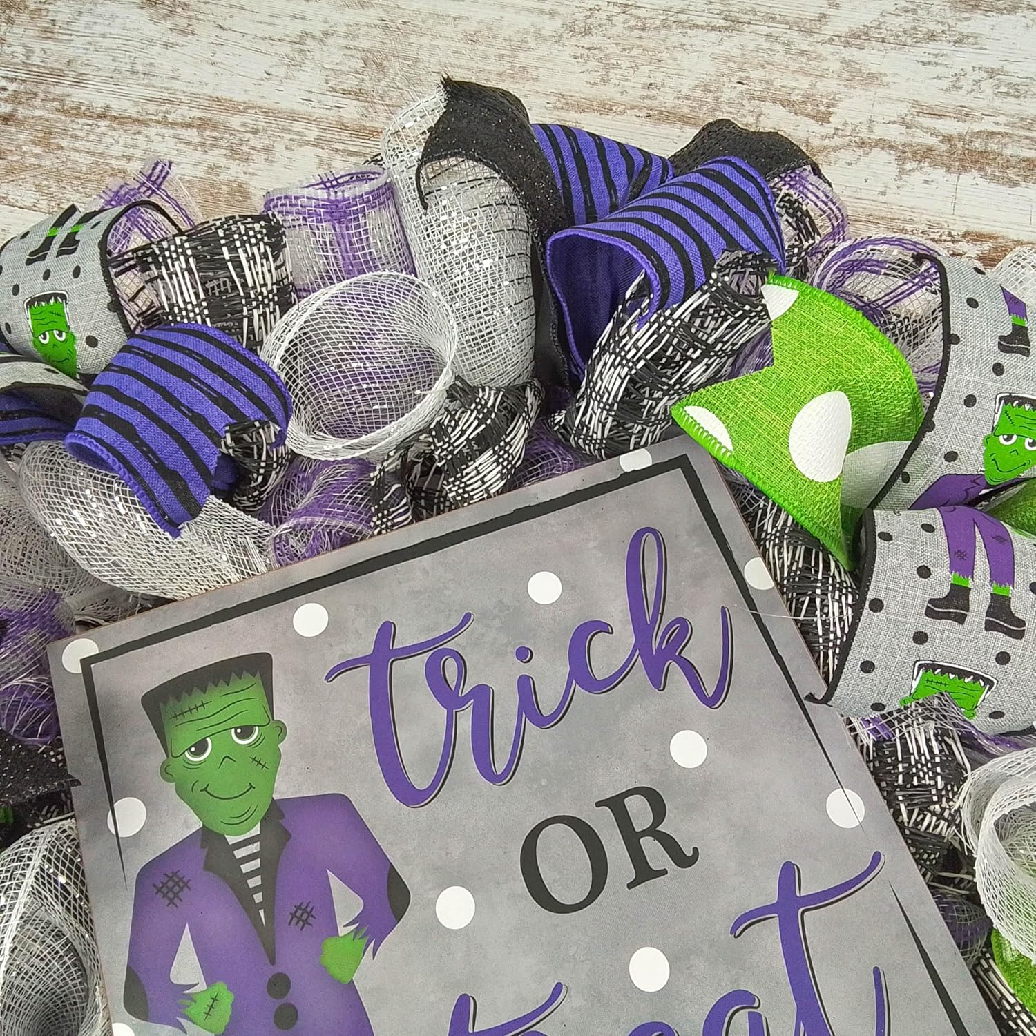 Frankstein Decor, Trick or Treat Halloween Wreaths - Front Door Decorations - Burlap Purple Lime Green Black White