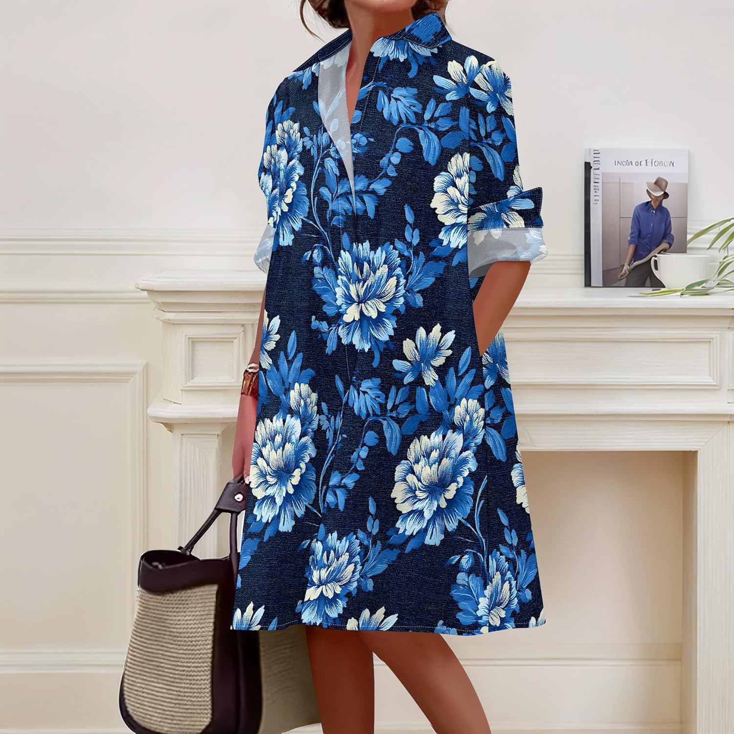 Shirt Dresses for Women 2025 Summer Long Sleeve Casual Plus Size Floral Printed Beach Vacation Dress with Pockets - Image 4