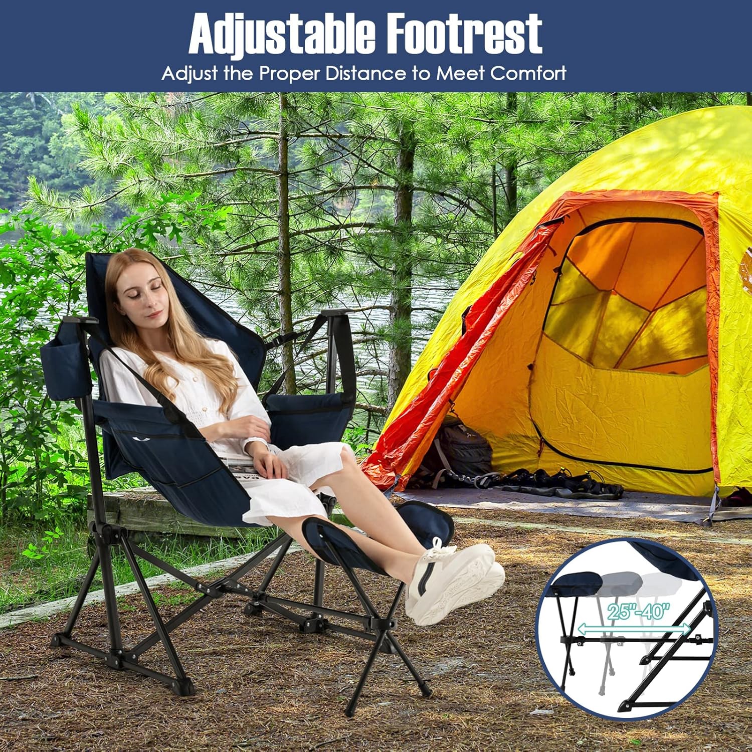 Giantex Outdoor Hammock Camping Chair - Rocking Chair with Removable Footrest, Adjustable Backrest, Pillow, Cup Holder, Storage Bag, Portable Swinging Chair for Poolside Patio Folding Chair (1, Navy)