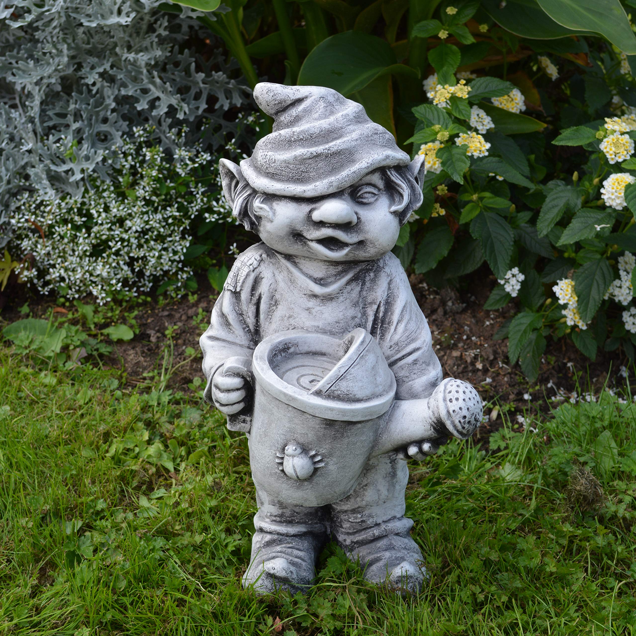 gartendekoparadies.de Gnom Blumenfreund, Steinfigur Wichtel, H. 40 cm, 10 kg, Grau, frostsicher aus Steinguss für Außenbereich
