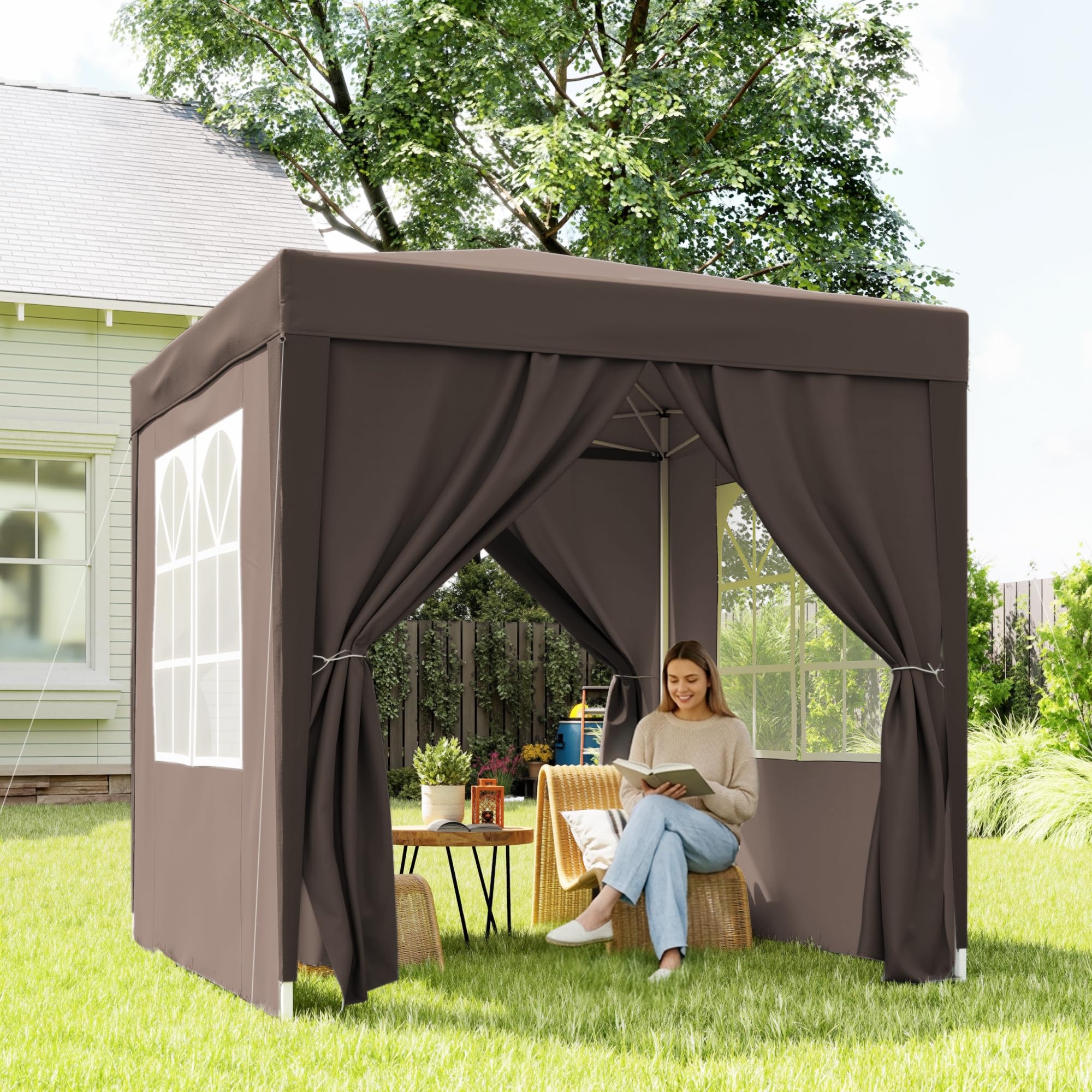 Outsunny Carpa Plegable Pop-up Gazebo 2x2 m Cenador Plegable con 4 Paredes Laterales Anti-UV y Bolsa de Transporte para Camping Fiestas Marrón