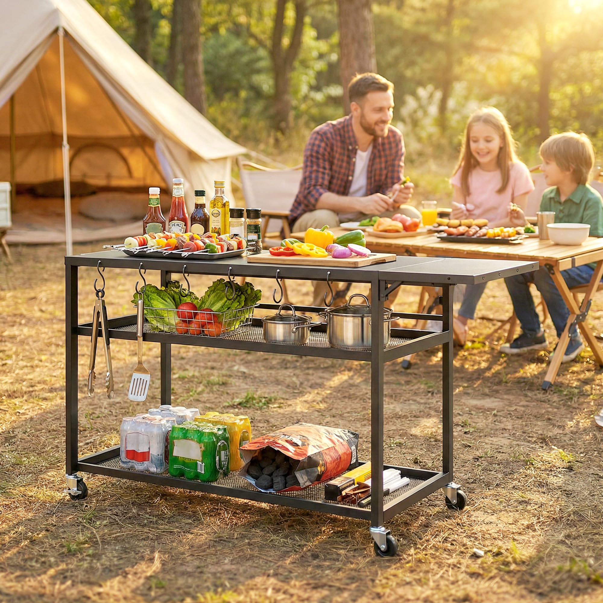 Outsunny - Carro de barbacoa con ruedas, isla de cocina con bandeja lateral plegable, tres estantes, ganchos y punzonado, 133 x 48,5 x 82 cm, color negro